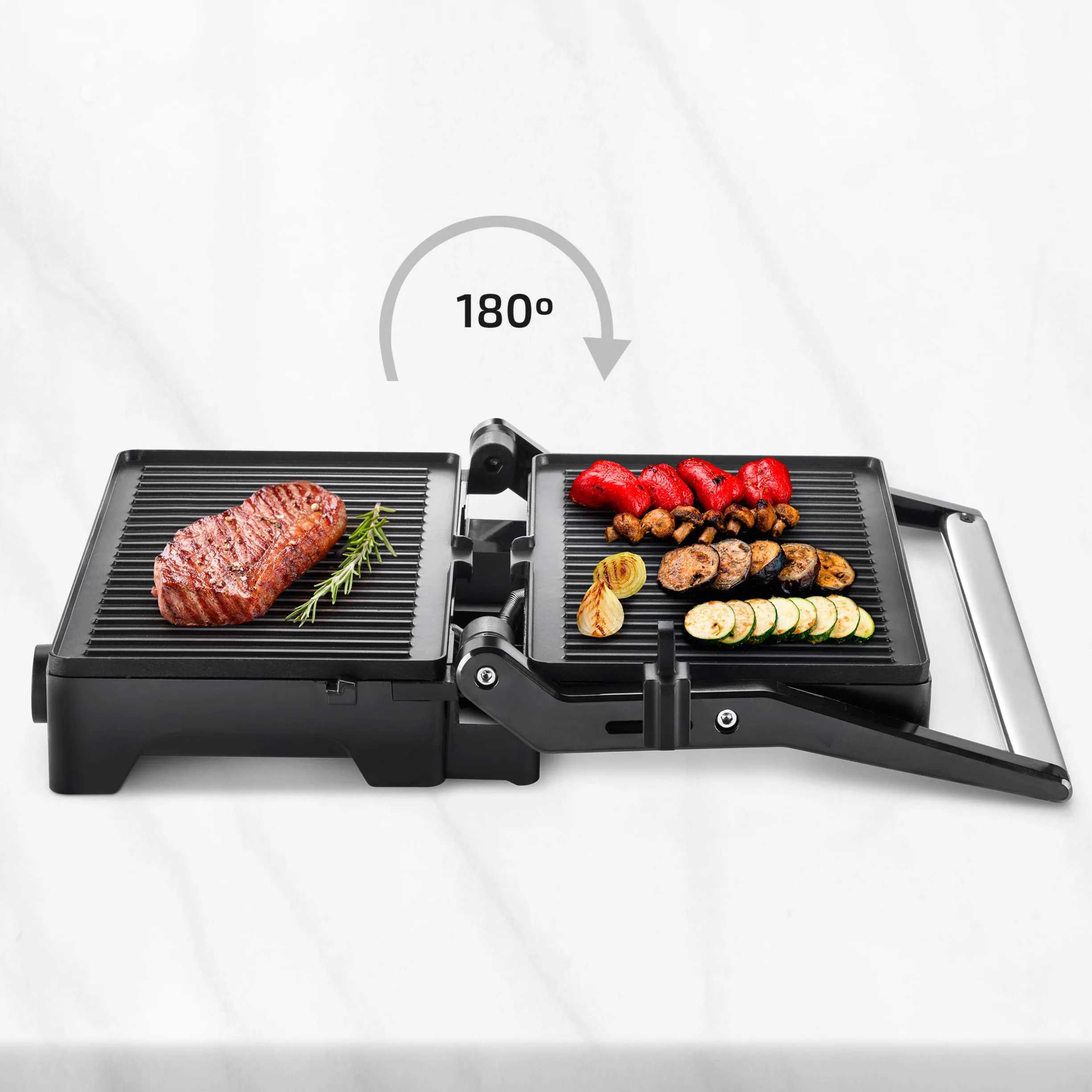 Ufesa Teide Parilla Eléctrica, Panini Press Grill, 1600W, Placas Antiadherentes, Apertura 180º, Regulador de Temperatura, Asa Toque Frio, Negro