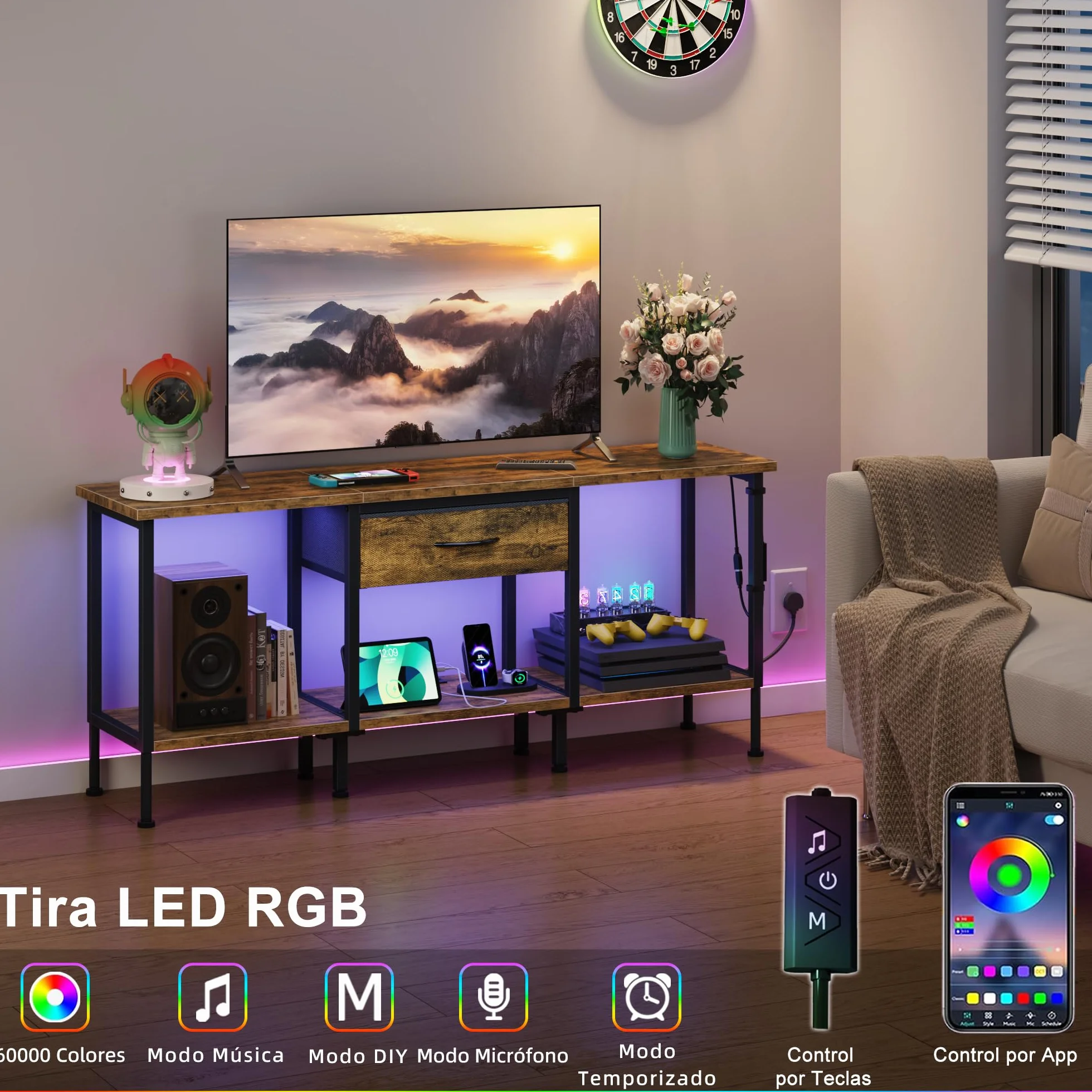 Mueble de TV con Enchufe, Mesa Television con Iluminación LED, Cajón de Tela y Estantes, Mueble Bajo Salon de 140 cm para TV de hasta 65″, para Sala de Estar y Dormitorio, Marrón Rústico