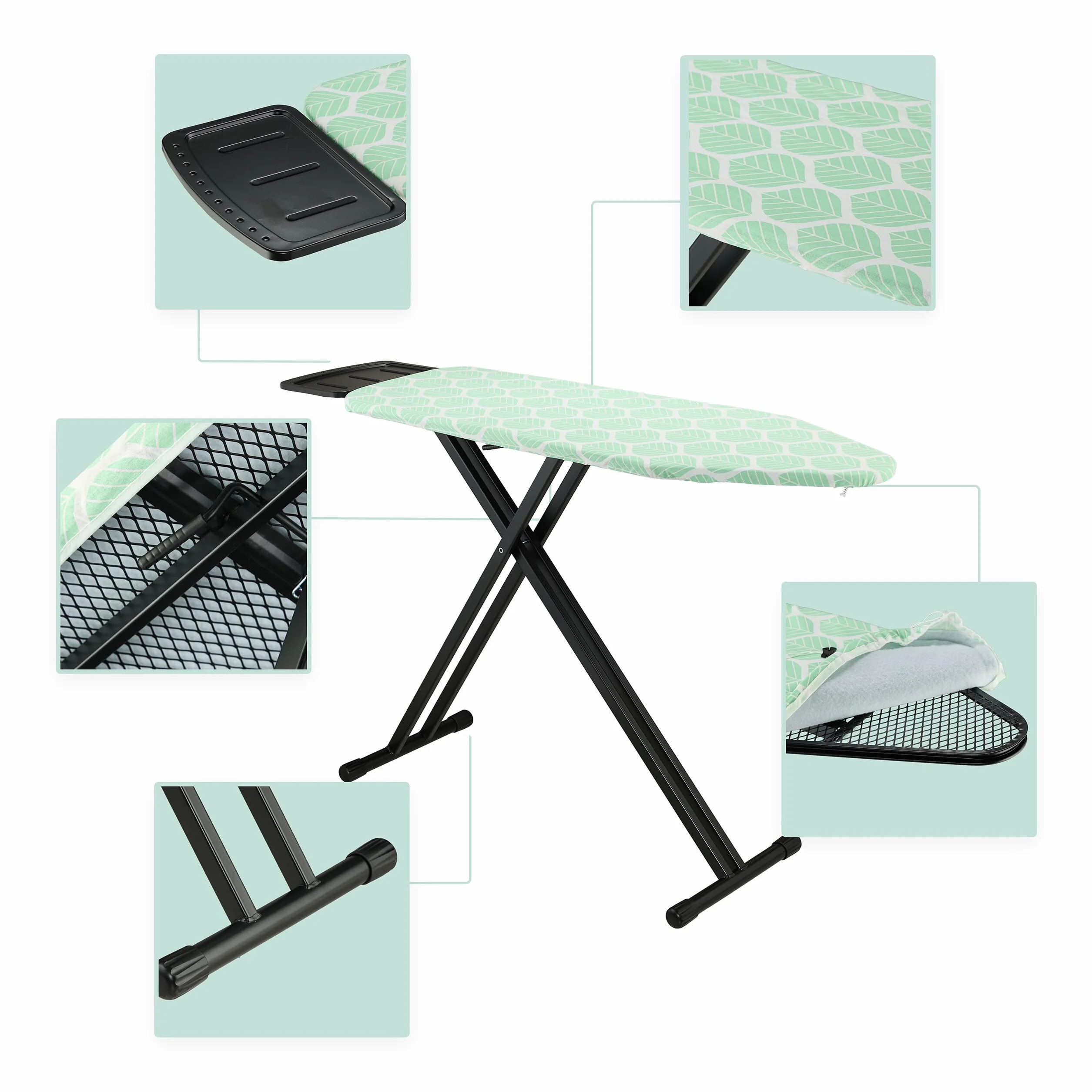 Relaxdays Tabla de Planchar para Plancha de Vapor, 123 x 39 cm, Regulable en Altura, Plegable, Estante, Verde/Negro