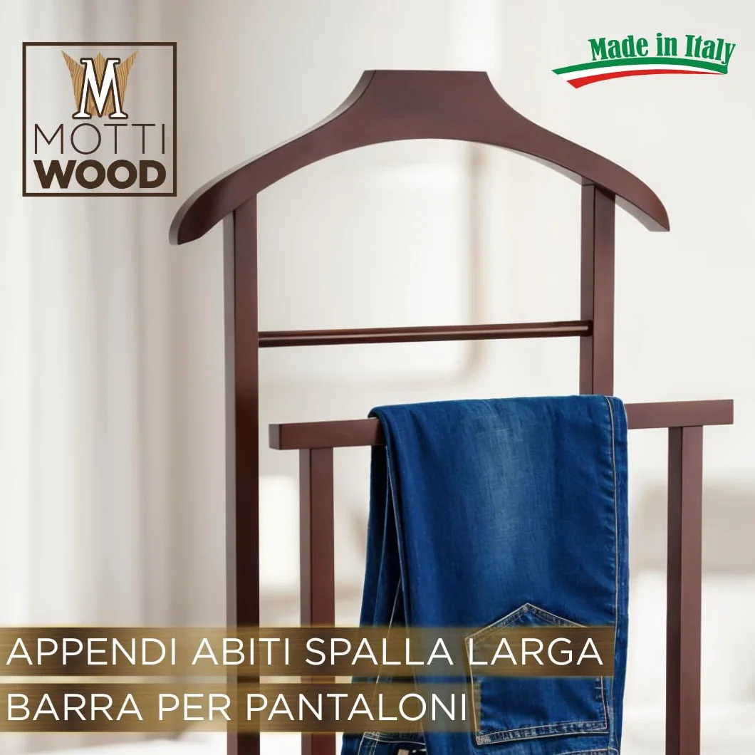 Juego de 2 percheros para dormitorio, color nogal, madera de haya natural, servo mudo doble con 4 ruedas, fabricado en Italia (2 unidades)