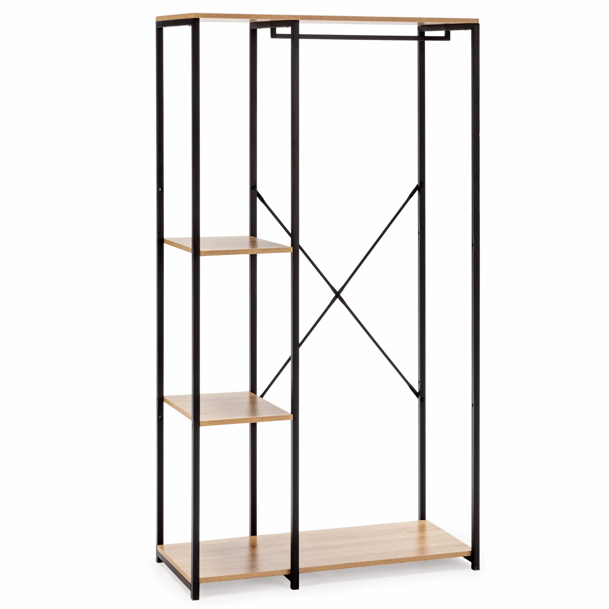 HOMN LIVING Perchero con Zapatero Lola con Banco 3 estantes, Color Roble/Negro, 90 cm (Ancho) 40,5 cm (Profundo) 167 cm (Altura)