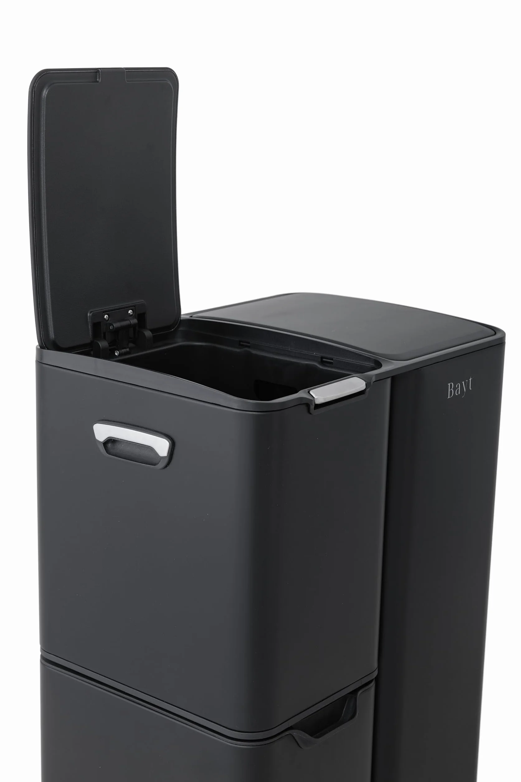 Bayt Cubo Basura - Cubo de Basura Cocina con 3 compartimentos (13+17+30L), Papelera con Separación Inteligente de Residuos, Acero Inoxidable, Total 60 Litros, Negro