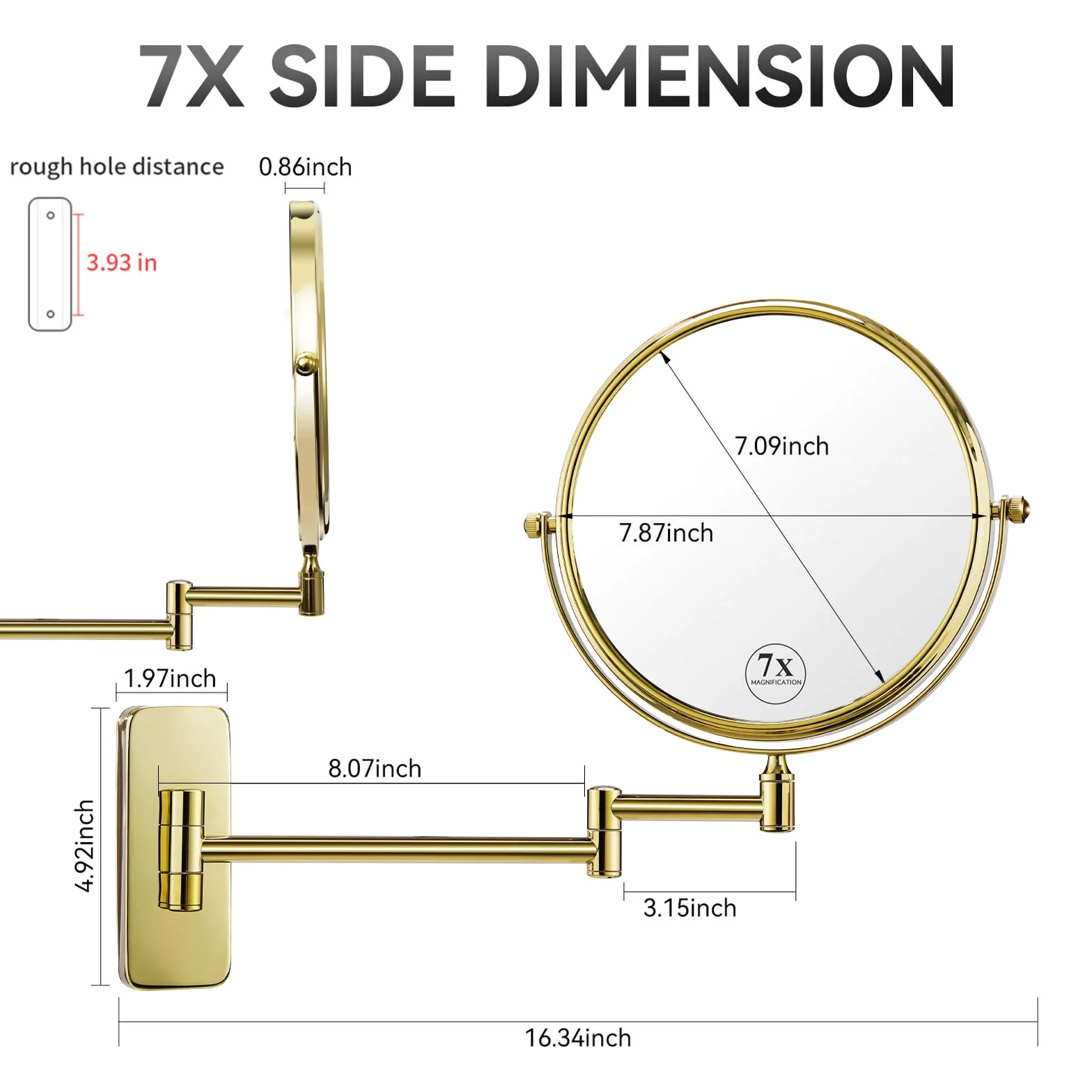 Nicesail Espejo de pared de 8 pulgadas con aumento 7X, espejo de acabado dorado para afeitado y maquillaje, espejo de tocador de aumento en el baño