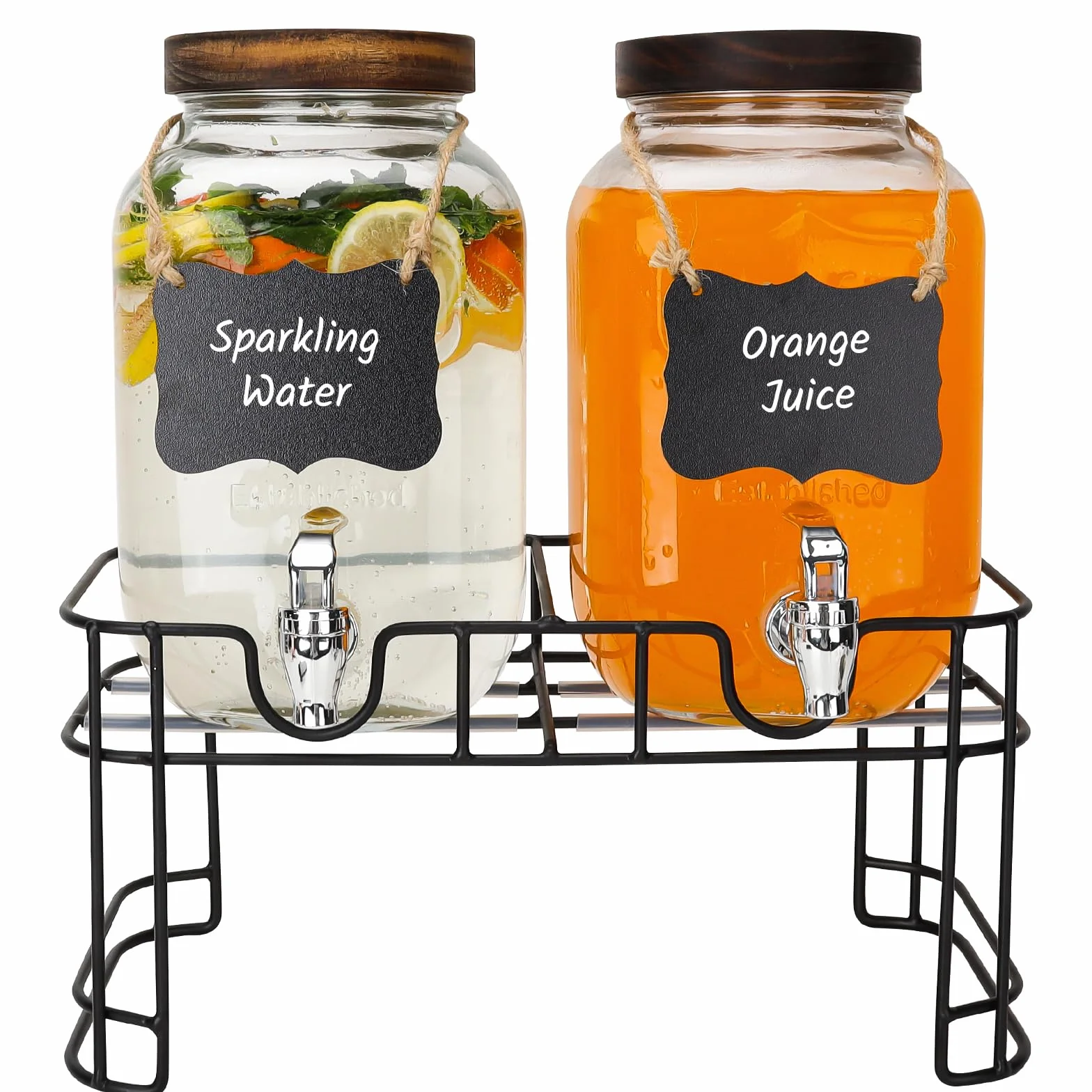 Dispensadores de bebidas de vidrio de 1 galón, paquete de 2 dispensadores de bebidas transparentes con soporte y espiga para fiestas, dispensador de bebidas con núcleo de hielo y calcomanía