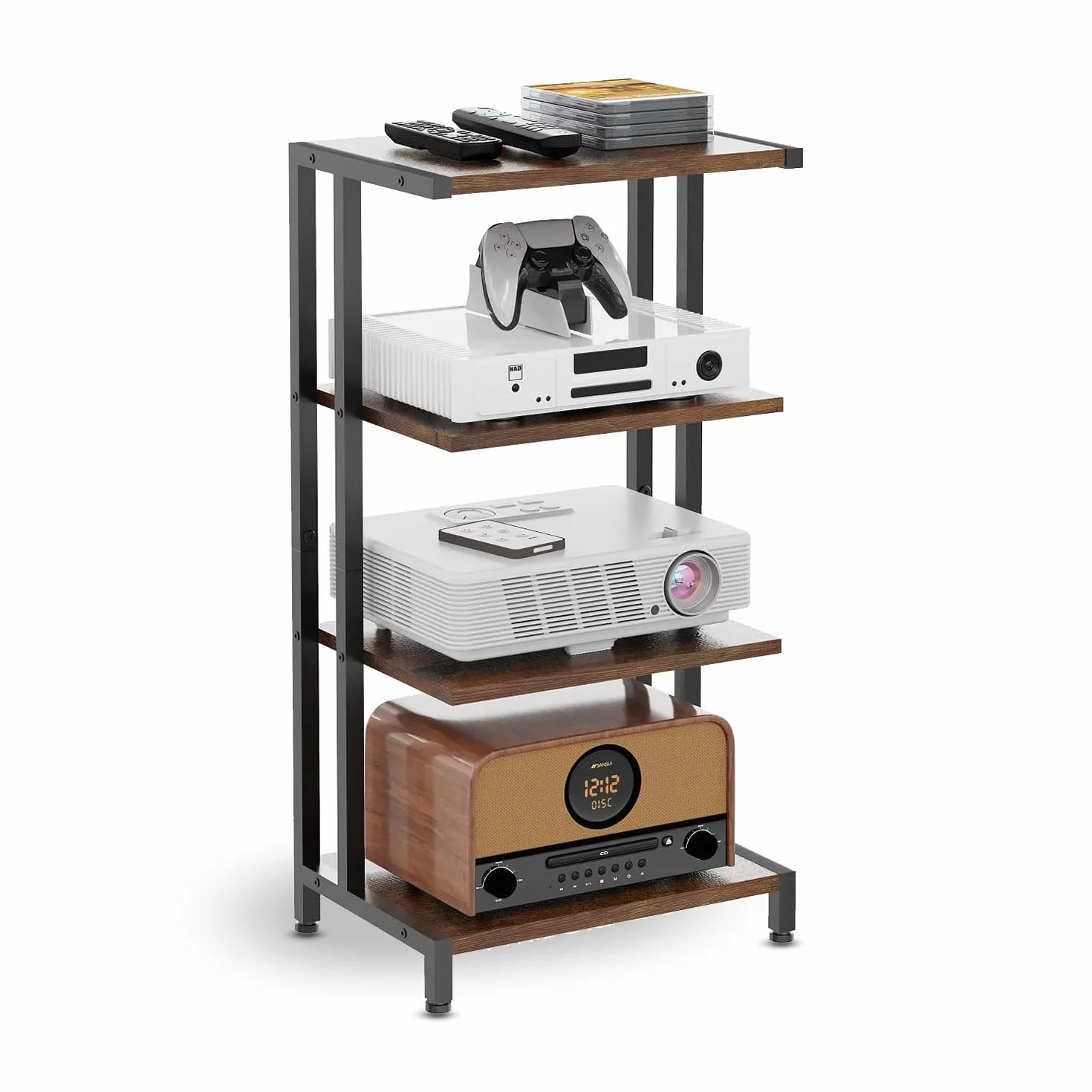 Bastidor HiFi de 4 niveles, de madera y hierro, para tocadiscos, sistema de audio, equipo estéreo, adecuado para salón y estudio, 28D x 42W x 81H, negro/marrón