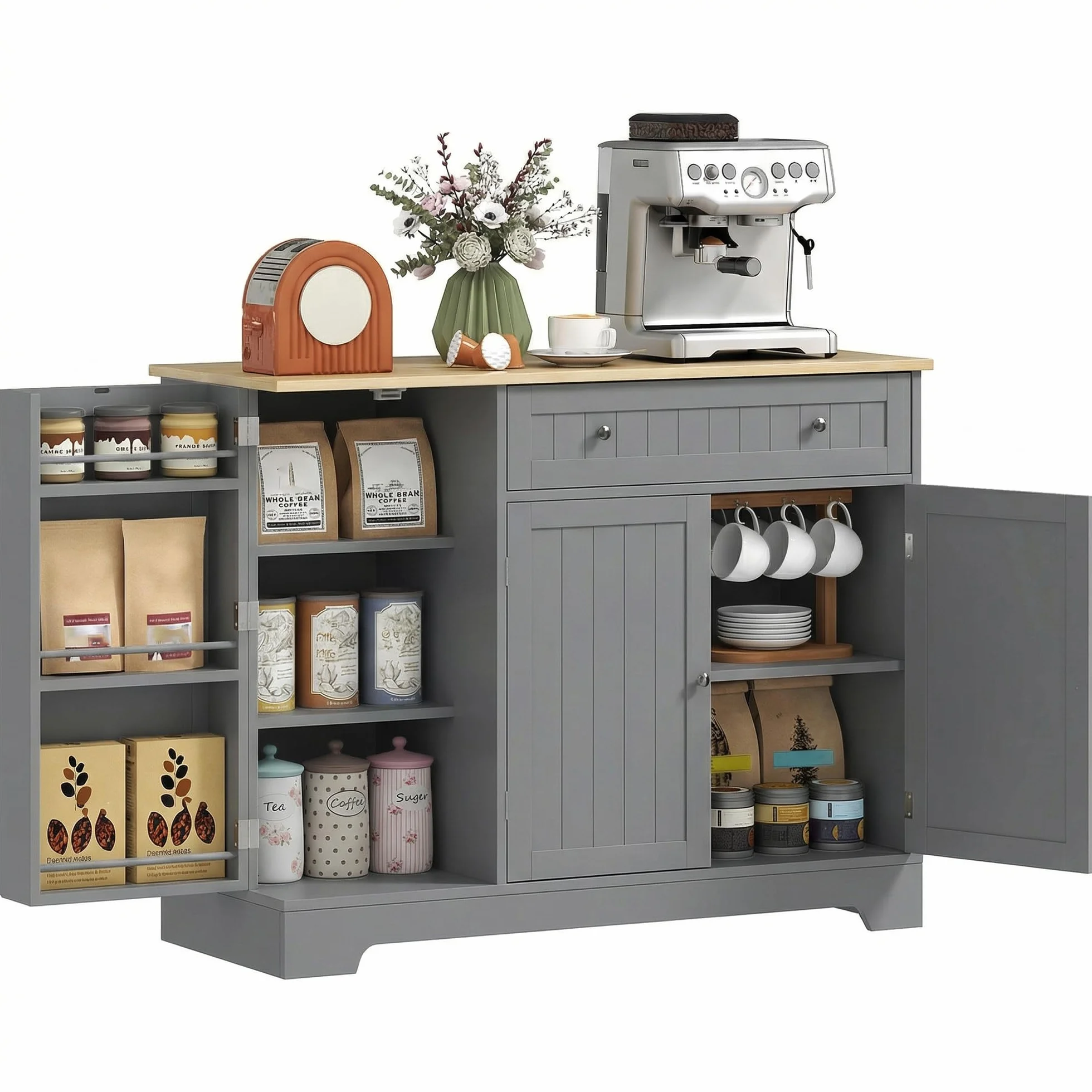 HOMCOM Aparador de Cocina, Armario de Cocina con 3 Estantes de Puerta, 1 Cajón, Estantes Ajustables, Aparador para Comedor, 105x40x83 cm, Gris