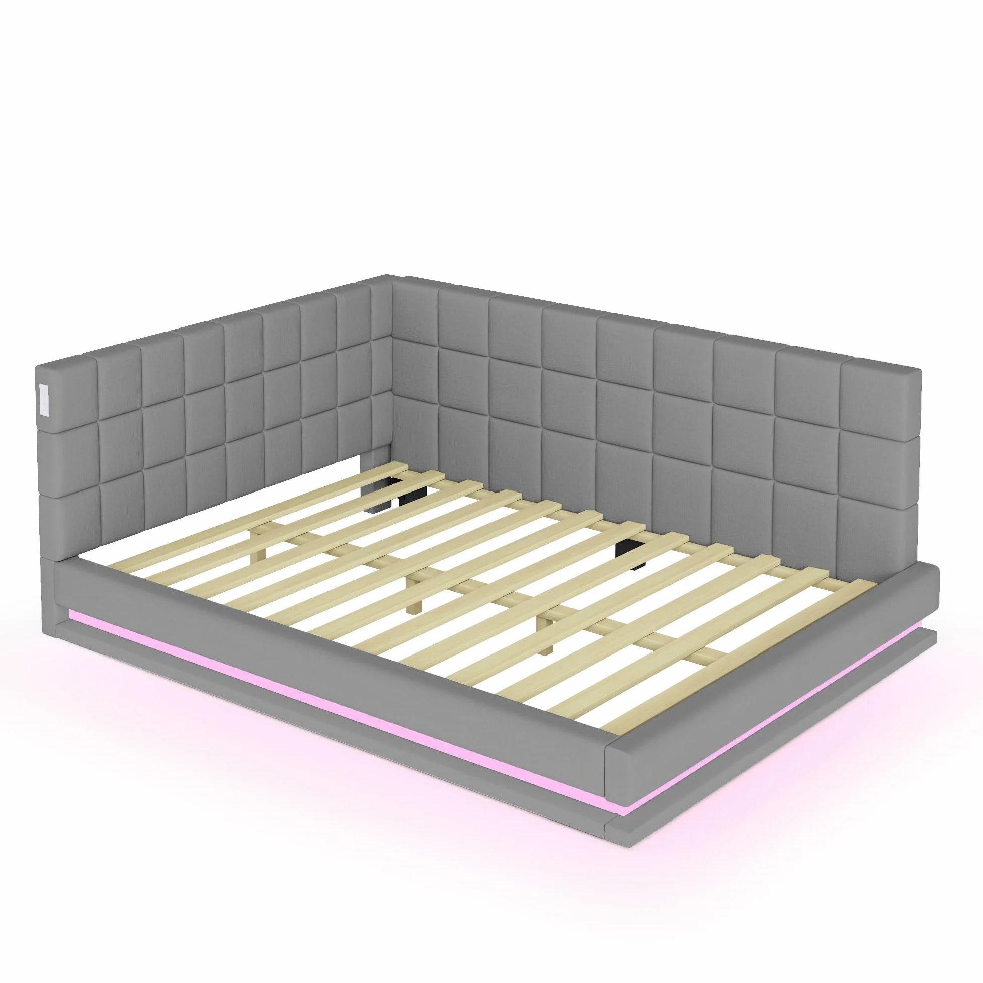 ZYLOYAL10 Cama tapizada para sofá cama multifunción con somier de láminas de tela aterciopelada agradable al tacto (tira de luz LED gris, 140 x 200 cm)