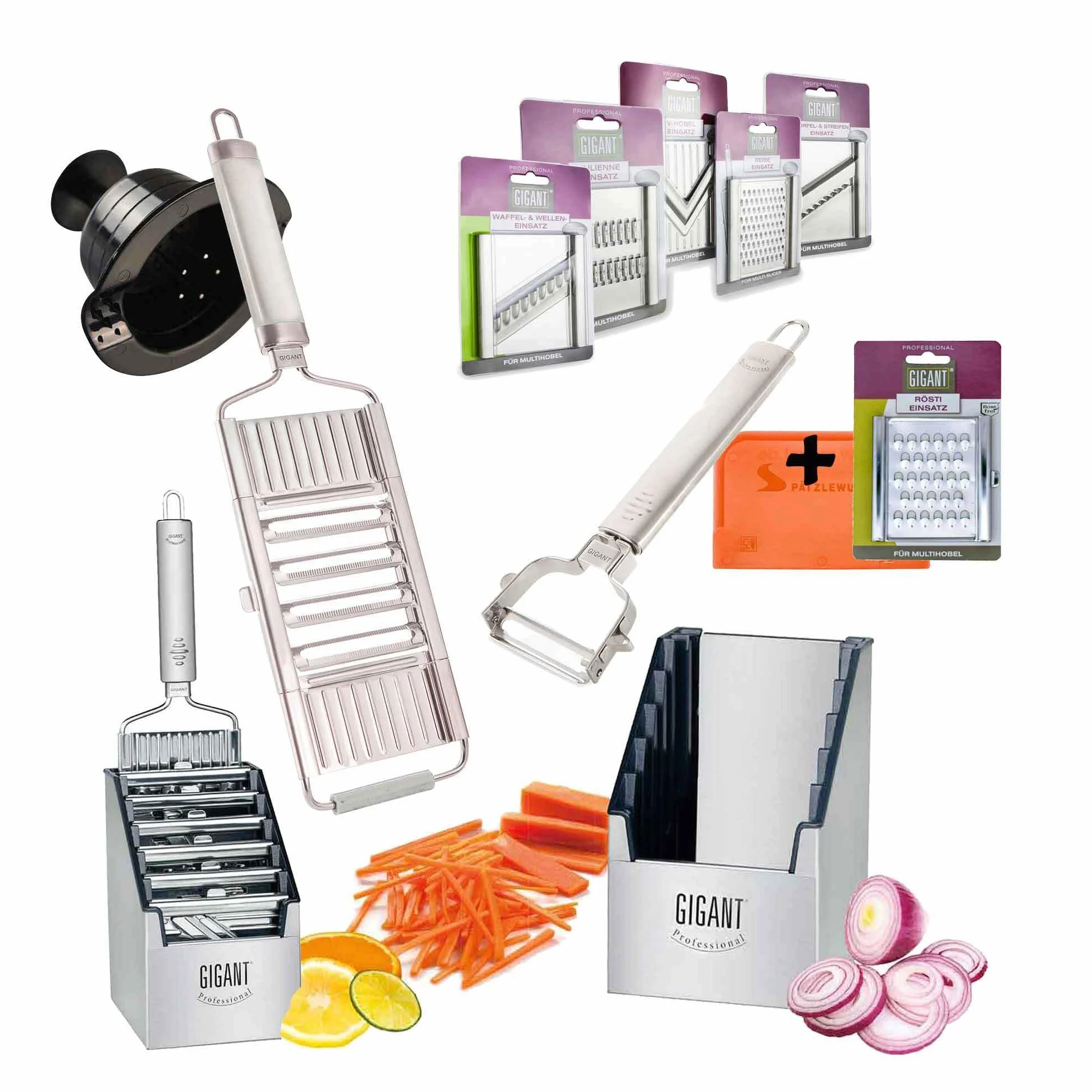 Juego de 4 cortadores de verduras Gigant Multi Schneider Muxels Super Mega-Set con 6 piezas adicionales en acero inoxidable en la práctica caja múltiple + pelador múltiple