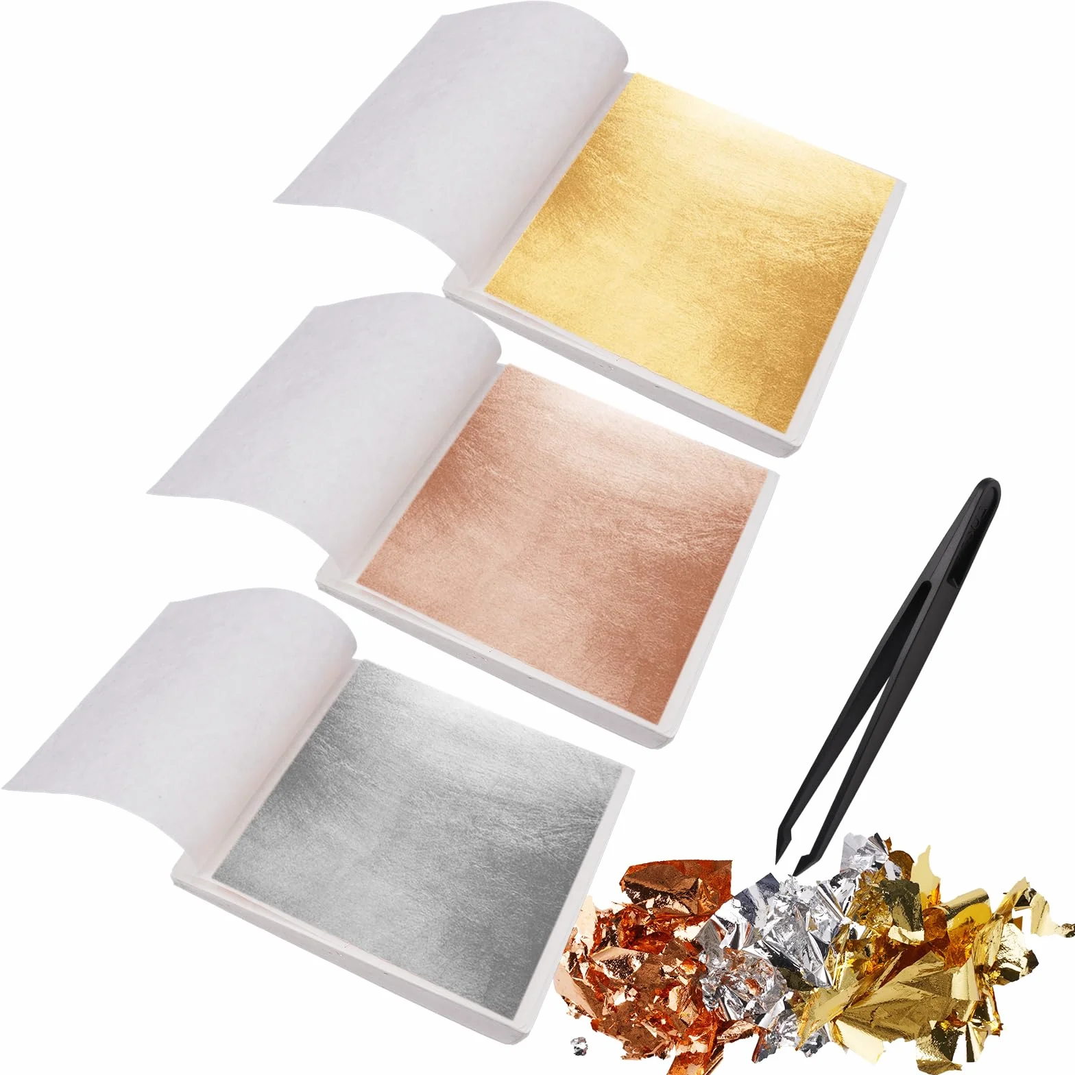 Pan de Oro de Imitación 300 Hojas 8,5 x 8 cm Lámina Dorada para Dorado con Pinzas de Plástico