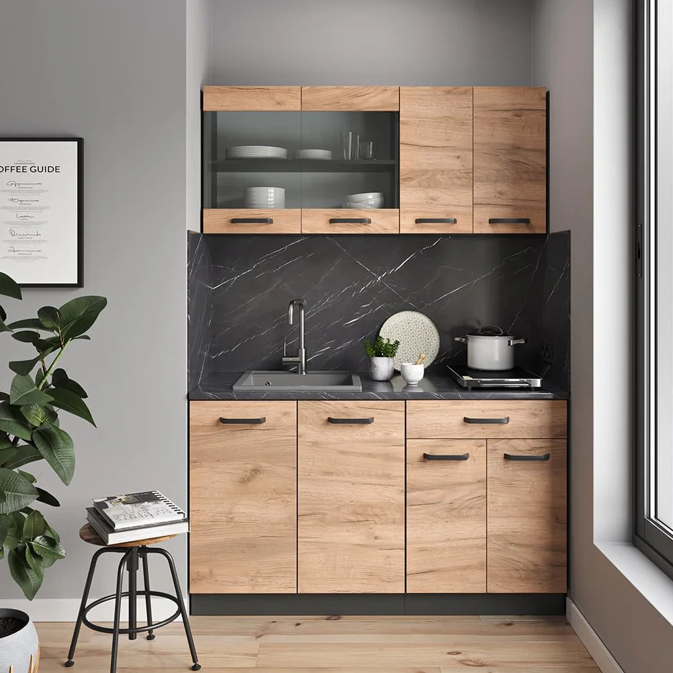 Vicco Сocina versátil R-Line, Roble Dorado, 140 cm sin encimera, Apto para ampliación Flexible con módulos adicionales