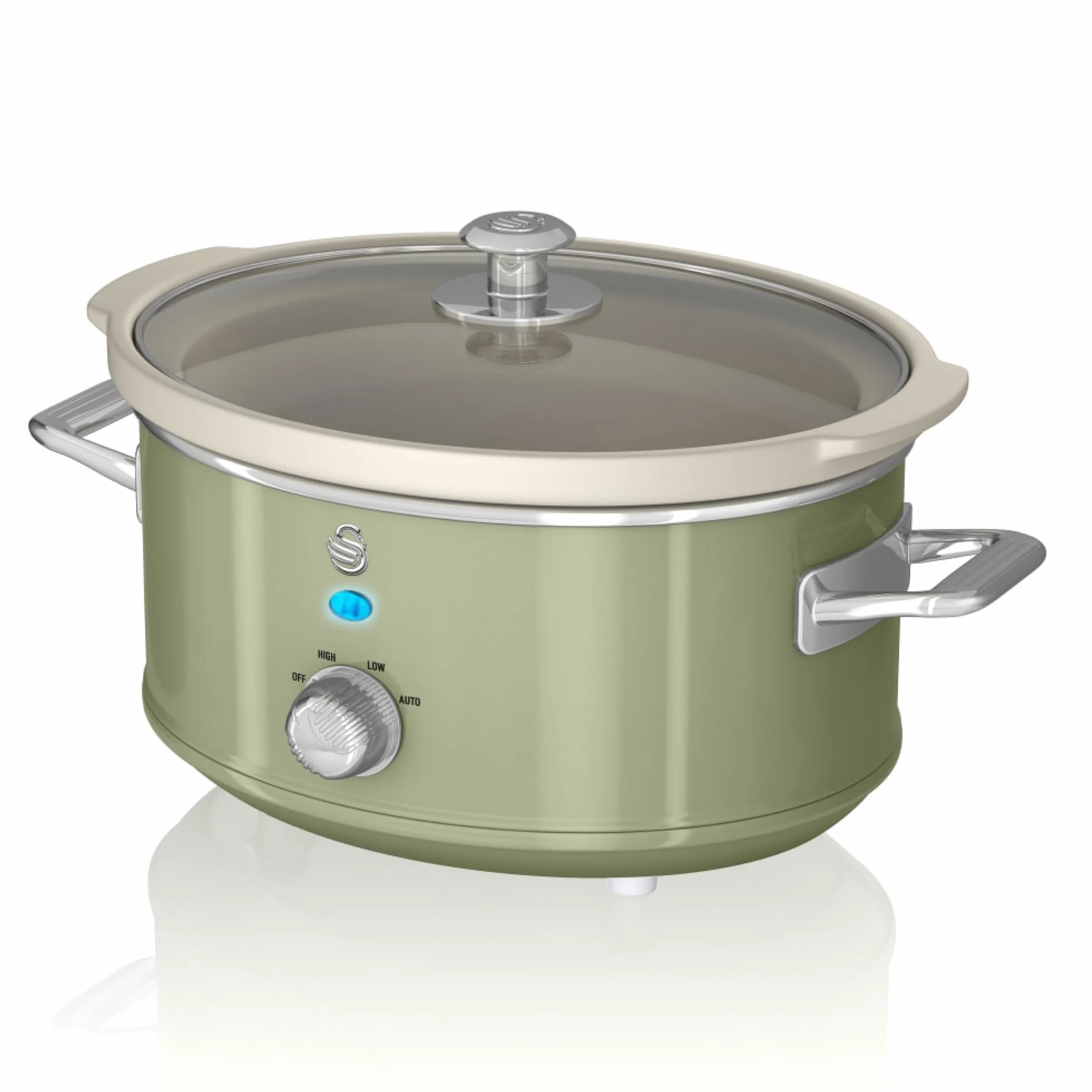 Swan Retro SF17021GN Olla Cocción Lenta 3,5L Recipiente Extraíble, Antiadherente Cerámica libre PFOA y PTFE, 3 Niveles Temperatura, Tapa Vidrio, Slow Cooker, Diseño Vintage, Verde, 200W