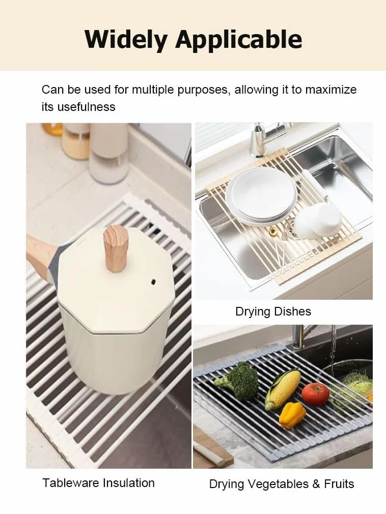 Escurridor de platos enrollable sobre el fregadero de 33, 43 y 52 cm, plegable, envuelto en silicona, antideslizante y resistente al calor. Escurridor de platos multiusos para encimera de cocina.