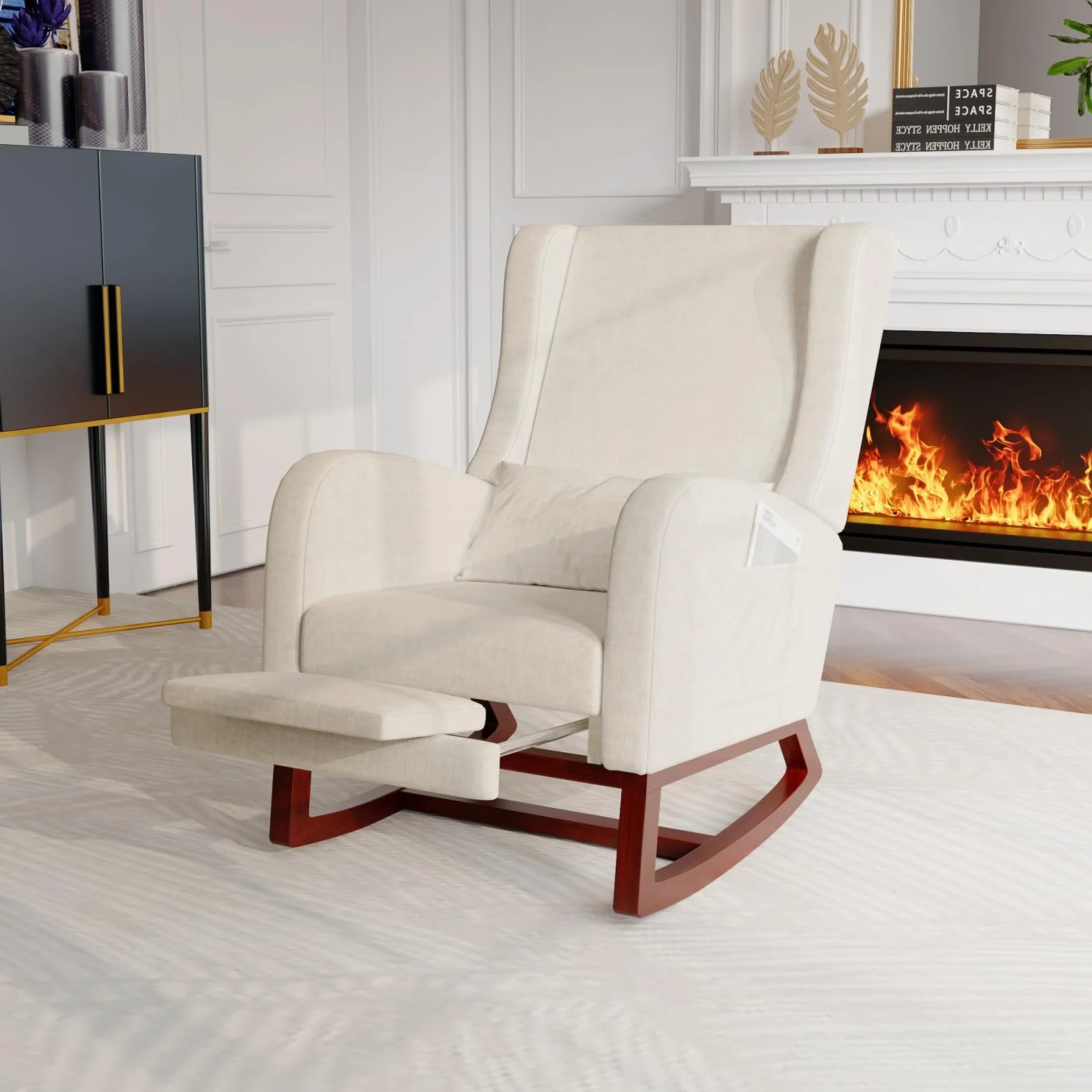 Mecedora con reposapiés Ajustable y 2 Bolsillos Laterales, sillón de Lactancia Acolchado con cojín Lumbar, Respaldo y reposabrazos, Silla de Relax para salón Dormitorio (Beige)