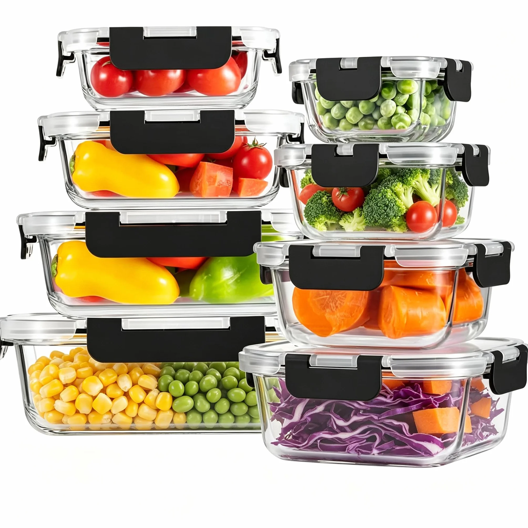 Juego de 8 cajas de almacenamiento de cristal, sin BPA, apto para microondas y congelador, perfecto para preparar comidas y almacenamiento de alimentos. (Negro)