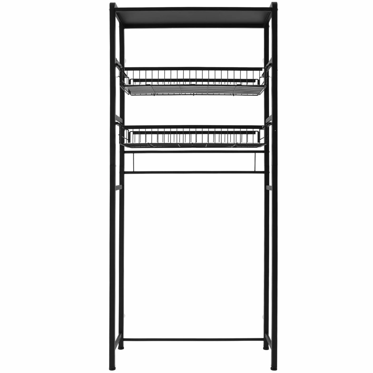 Estantería para lavadora de 3 niveles, color negro, estantería de baño, dos cestas de almacenamiento, con ganchos, ahorra espacio, reposapiés antideslizantes, 70,5 x 26 x 157,5 cm