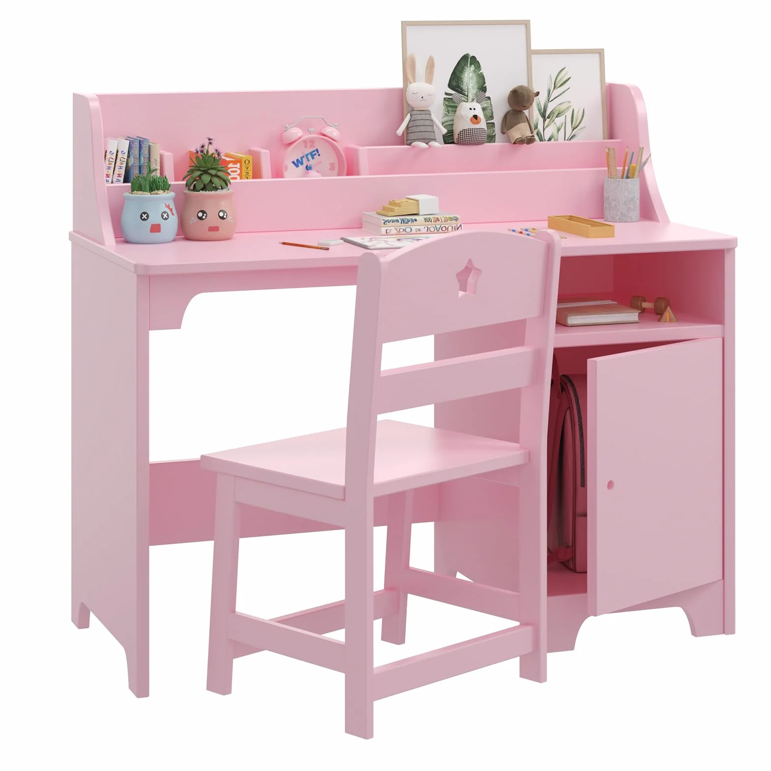 Escritorio Infantil con Silla de Madera con Estantes y Taquilla para Niños de 3+ Años