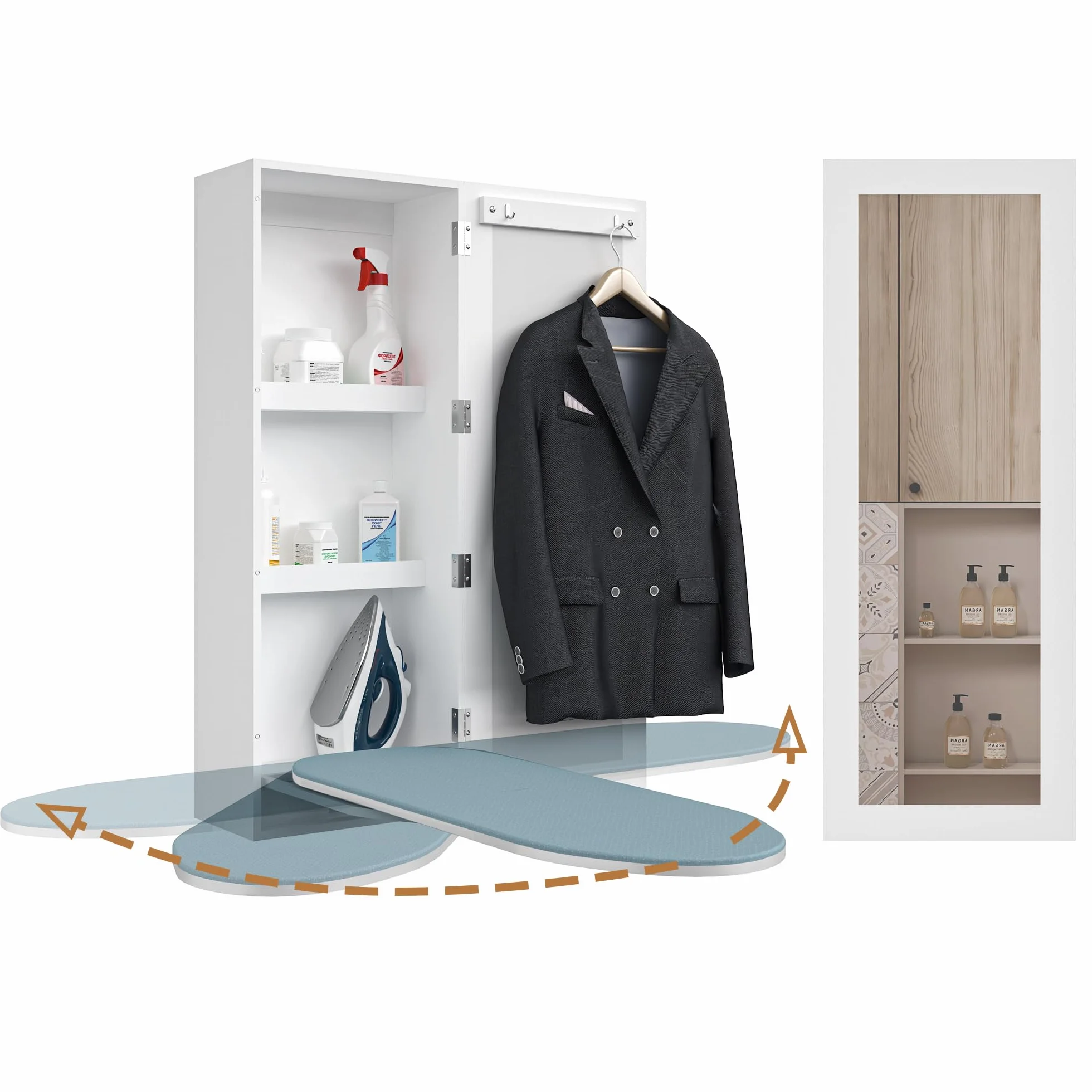 Armario para Tabla de Planchar, Armario de Almacenamiento montado en la Pared con Espejo, Tabla de Planchar con Funda giratoria de 180 Grados con Soportes de Metal