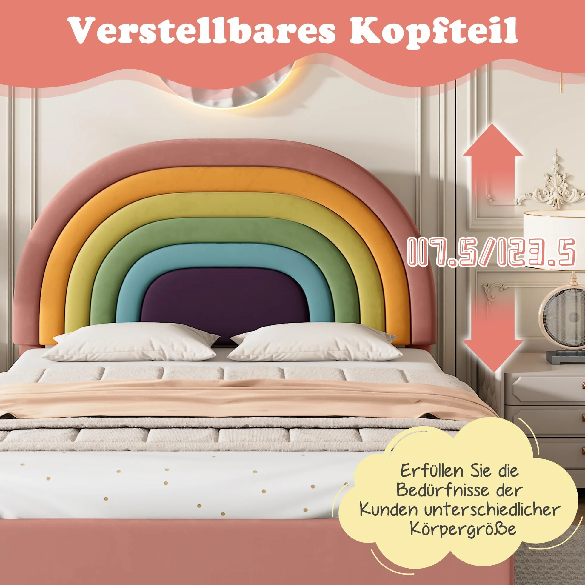 Merax Cama tapizada de 140 x 200 cm con somier y cabecero ajustable, cama doble para adultos y jóvenes, tela de terciopelo, color rosa (sin colchón)