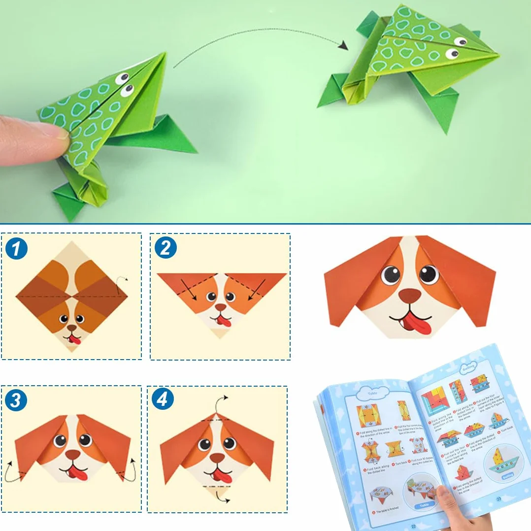 Kit de Origami para Niños 108 Hojas de Papel con 54 Patrones + 50 Papeles de Colores, Libro de Instrucciones, 14x14cm