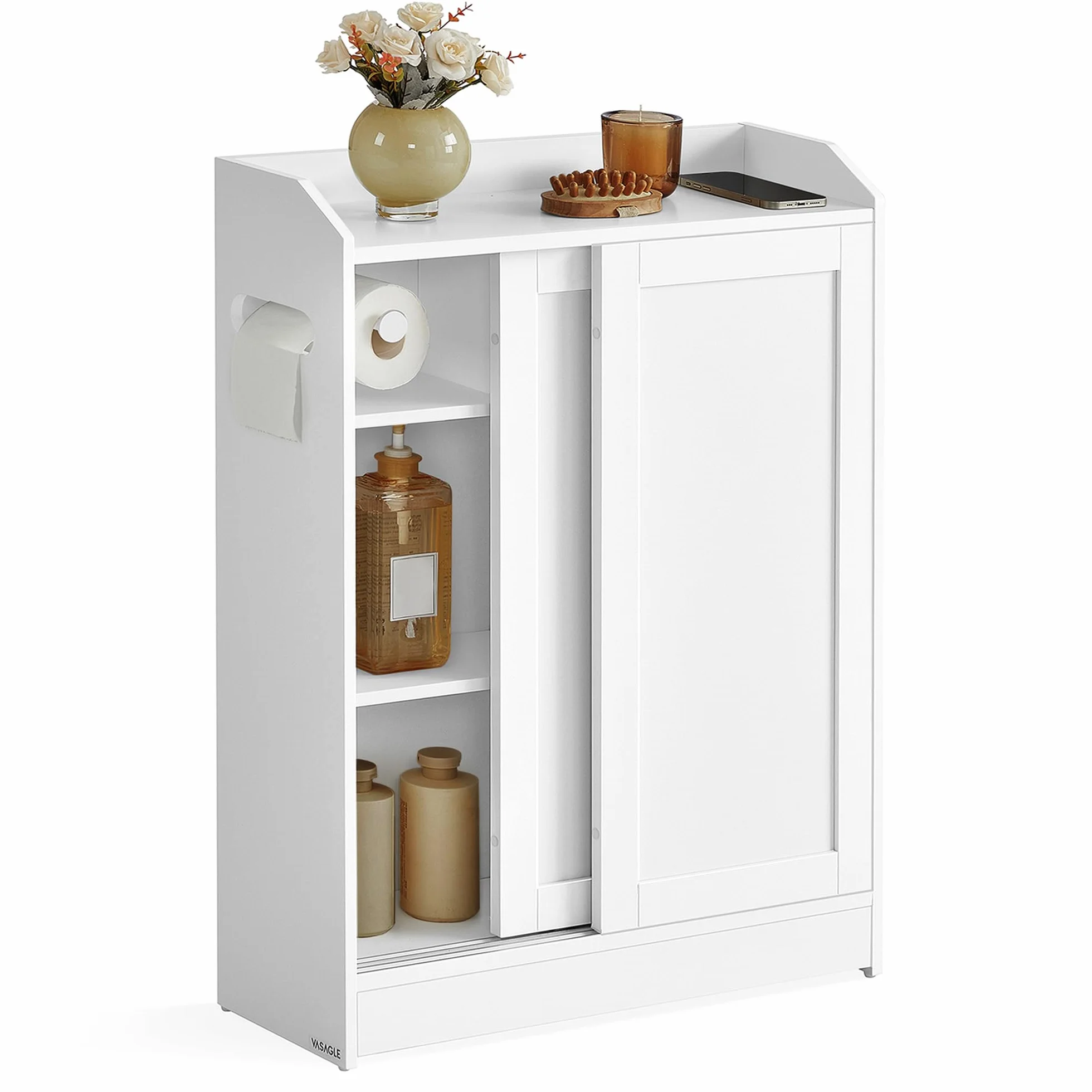 VASAGLE Armario de Baño, Ahorra Espacio, Compartimento Papel Higiénico y Escobilla, Puertas Correderas, Estantes Ajustables, Lado Inodoro, 20 x 60 x 80 cm, Blanco Nube BBC752W01