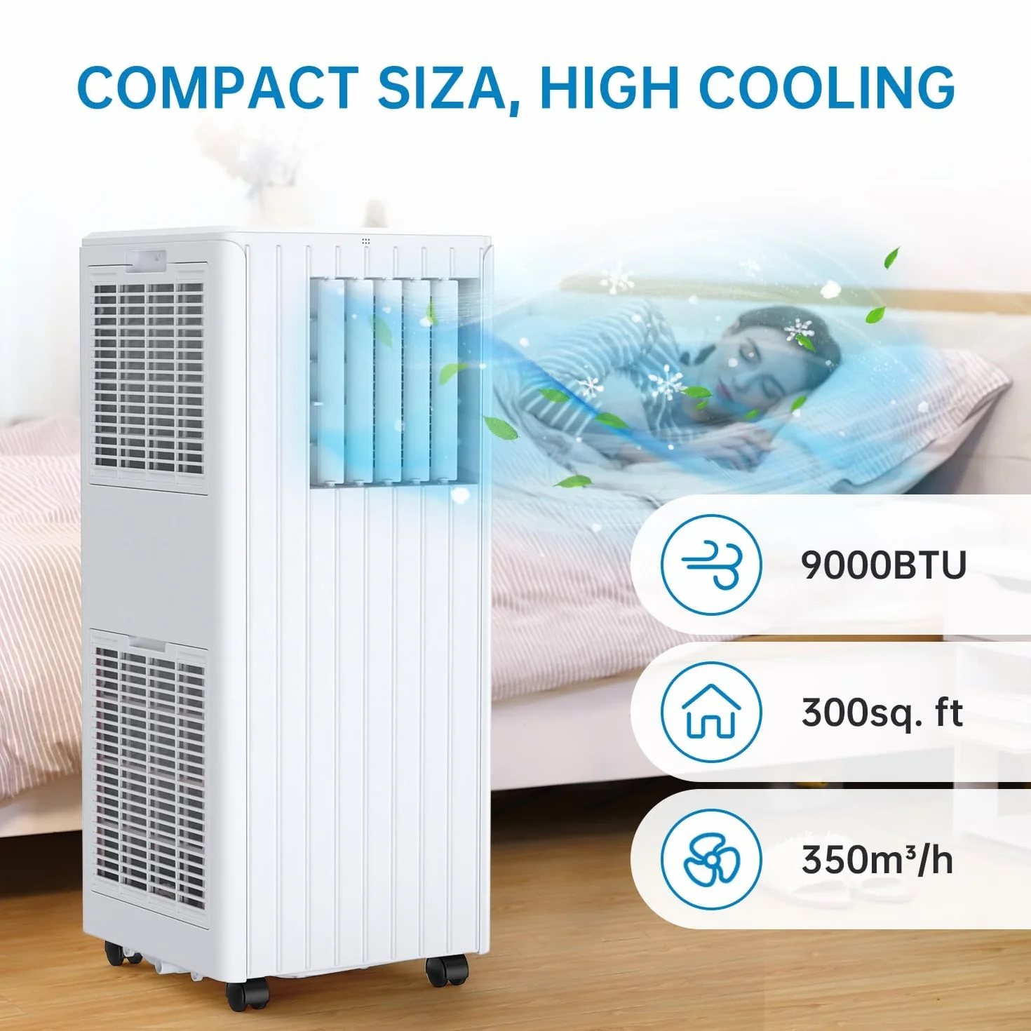 Aire Acondicionado Portátil 9000 BTU 3 En 1, Enfría, Deshumidifica 42L/Día y Ventila, 2 Velocidades, Modo Sueño, Bajo Ruido, Control Remoto, Temporizador 24H, Para Habitaciones Hasta 28 M²