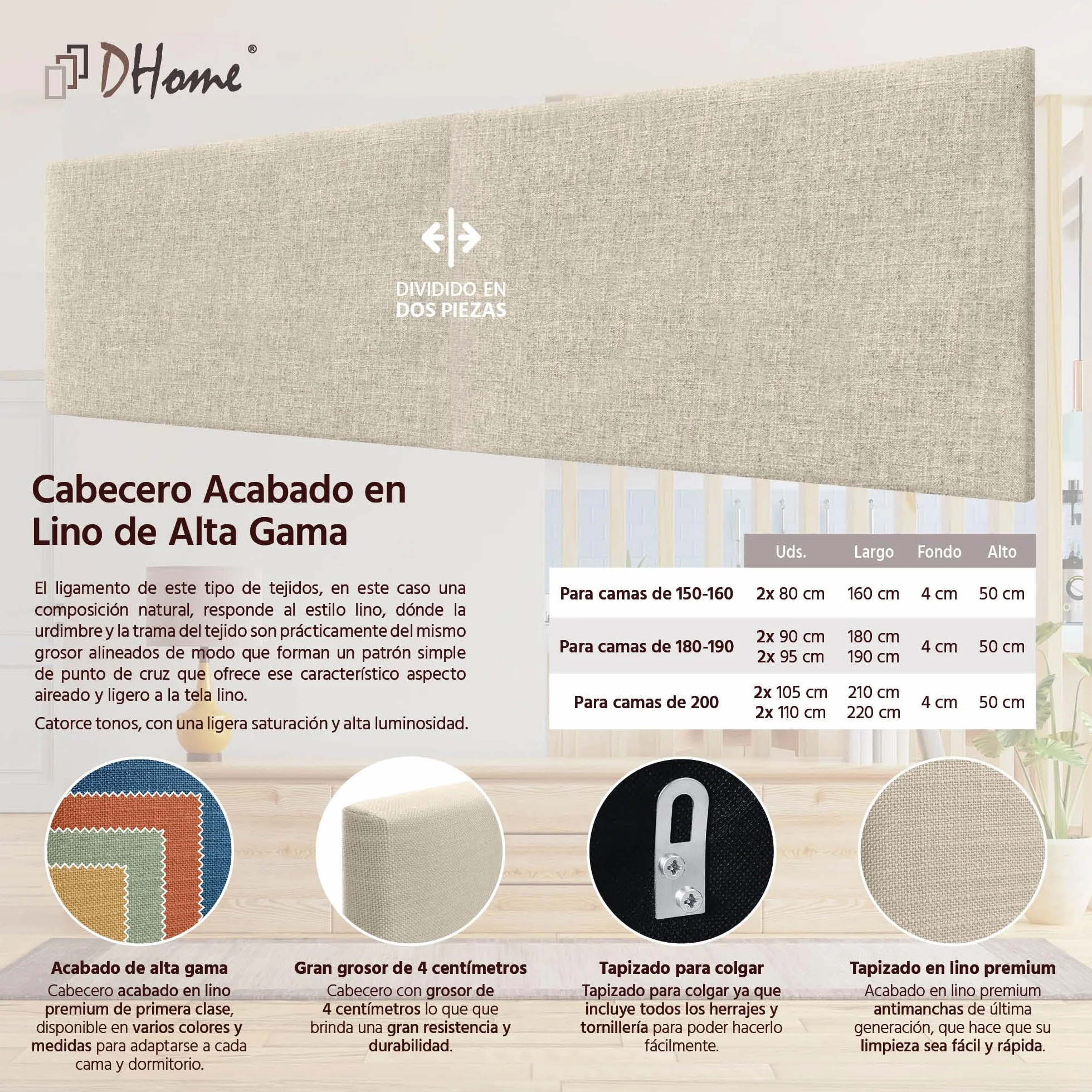 DHOME Cabecero de Lino Natural Liso Cabezal Tapizado Cama Dormitorio Moderno Top Trending (Lino Natural, 180cm Dual (Camas 180/190))