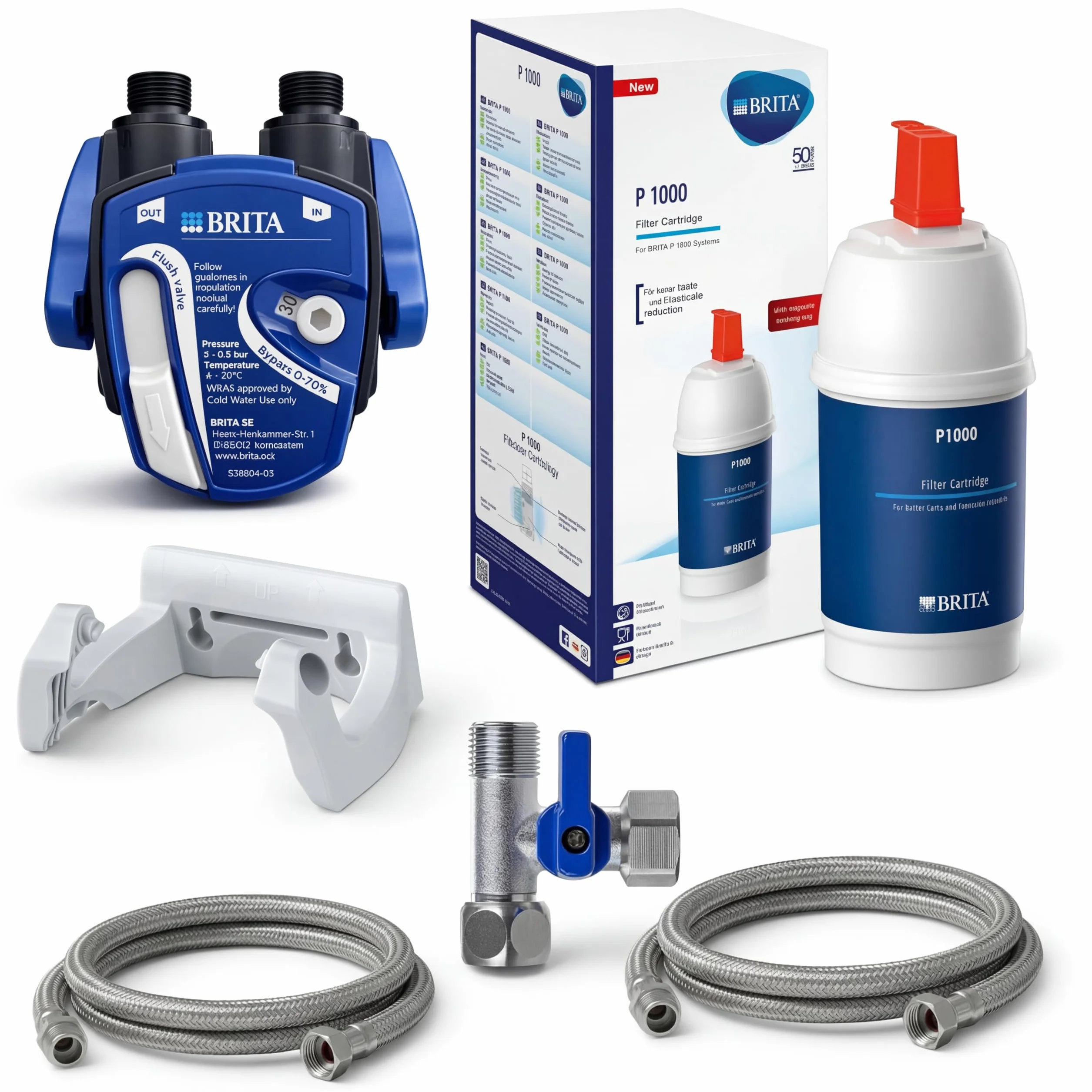 Neues Wasser Group Juego de Filtros de Agua Debajo Del Fregadero - Cartuchos de Filtro de Agua Brita, Filtro Brita P1000 Para Montaje En Pared, Manguera Flexible, Adaptador de Válvula Angular