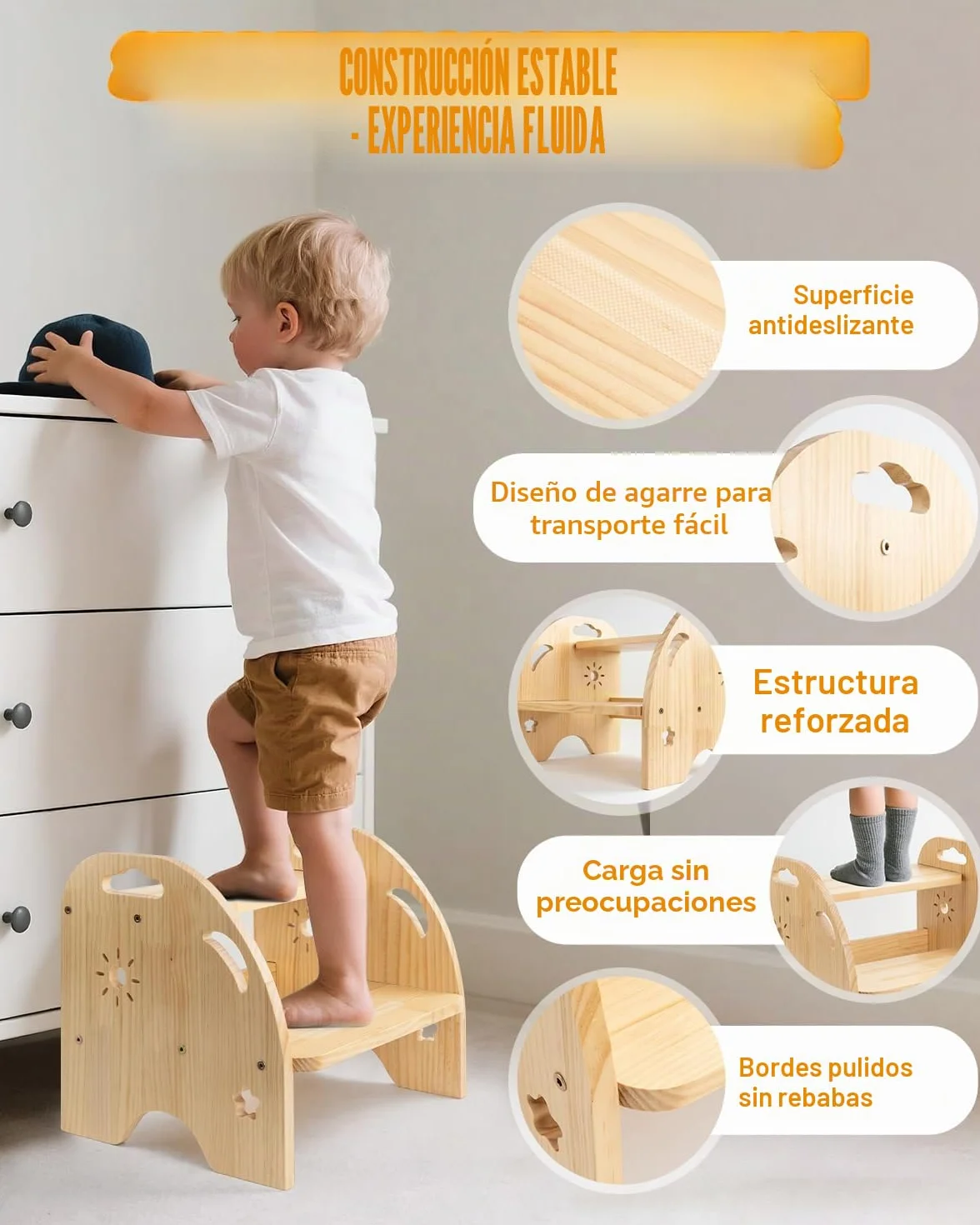 Taburete infantil de madera de 2 niveles, antideslizante, con asa, capacidad de carga de 200 kg, para cocina y baño a partir de 3 años