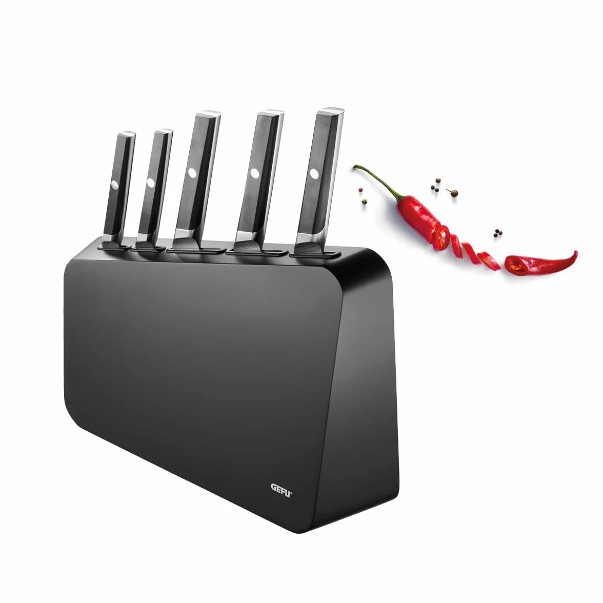 GEFU ACURO Juego de 6 cuchillos con bloque de cuchillos, cuchillo de pan, cuchillo de chef, santoku, universal y vegetal, acero alemán, HRC 57, ergonómico, duradero y elegante