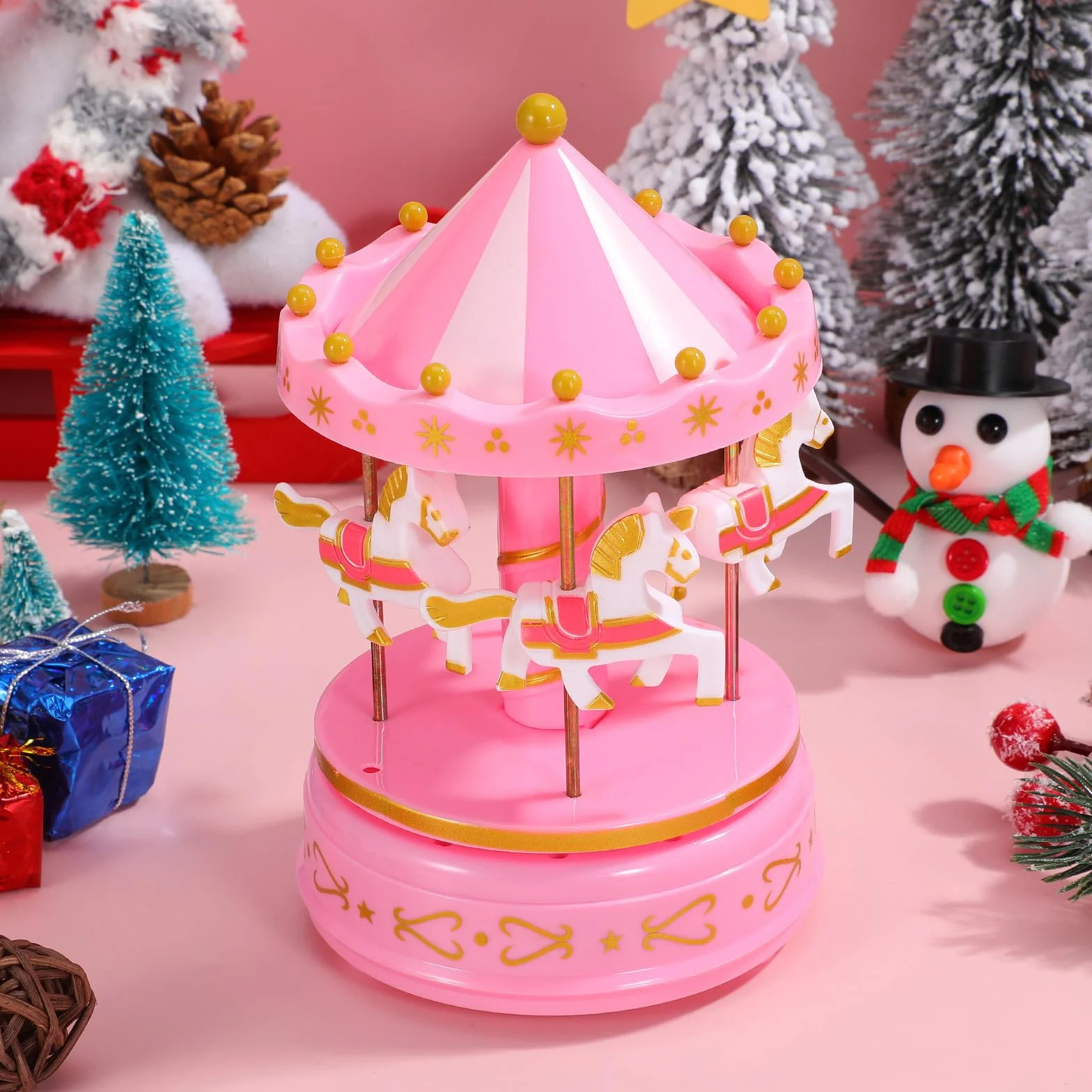 Holibanna Caja de Música y Artesanía Exquisita de Carrusel Rosa Portátil y Fácil de Operar Diseño Romántico para Obsequio en Navidad y Año