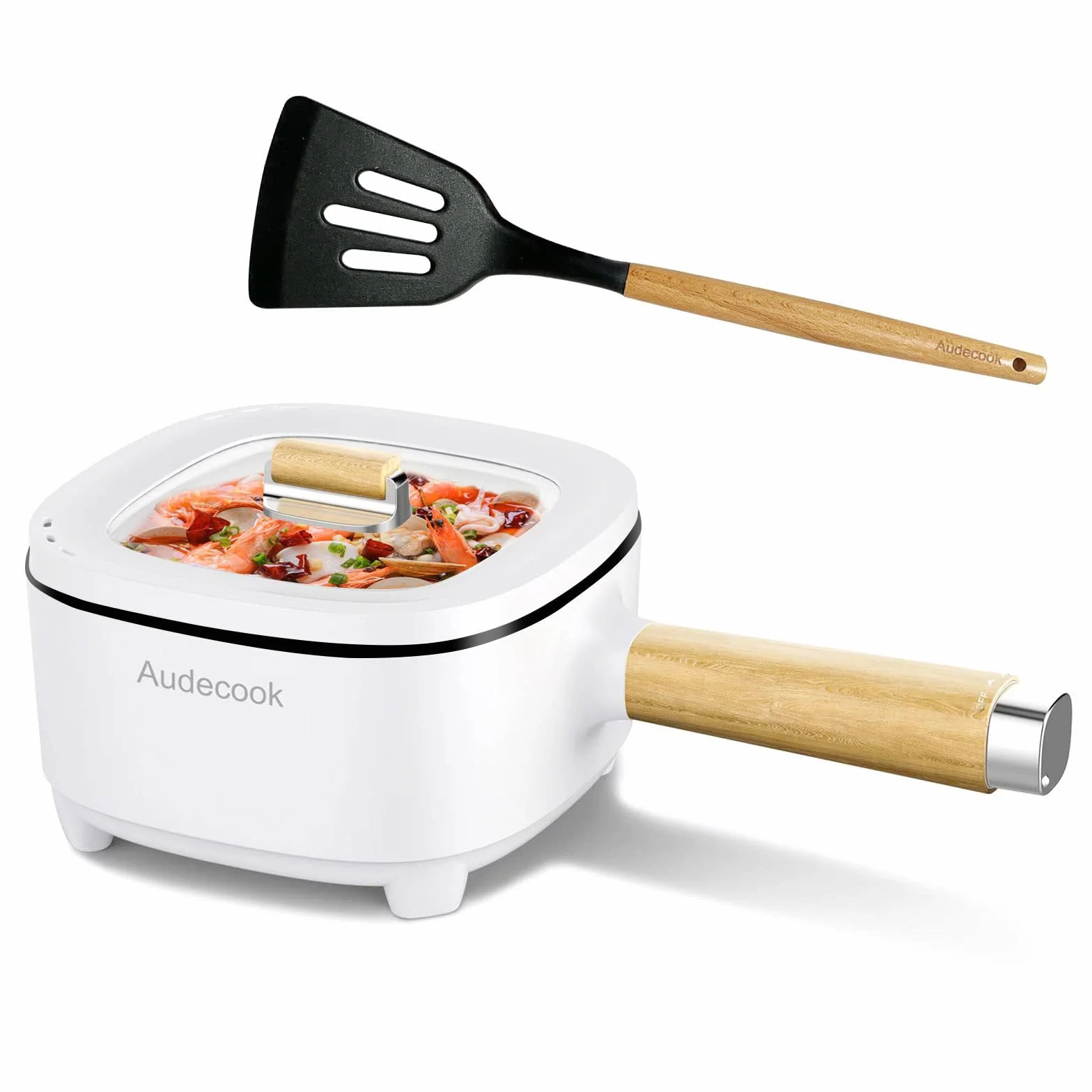 Audecook Olla Eléctrica 2L, Sartén De Cerámica Antiadherente Mejorada De 24 Cm, Sartén Eléctrica Multifunción Para Bistec, Huevo, Ramen, Avena, Sopa (Blanco, Sin vaporera)