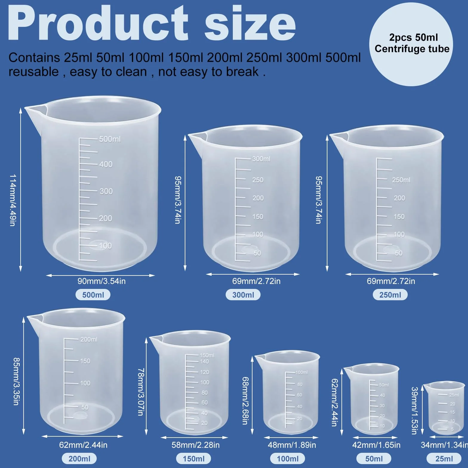 Juego de 10 vasos medidores de laboratorio 25/50/100/150/200/250/300/500 ml de plástico con tubos de centrífuga