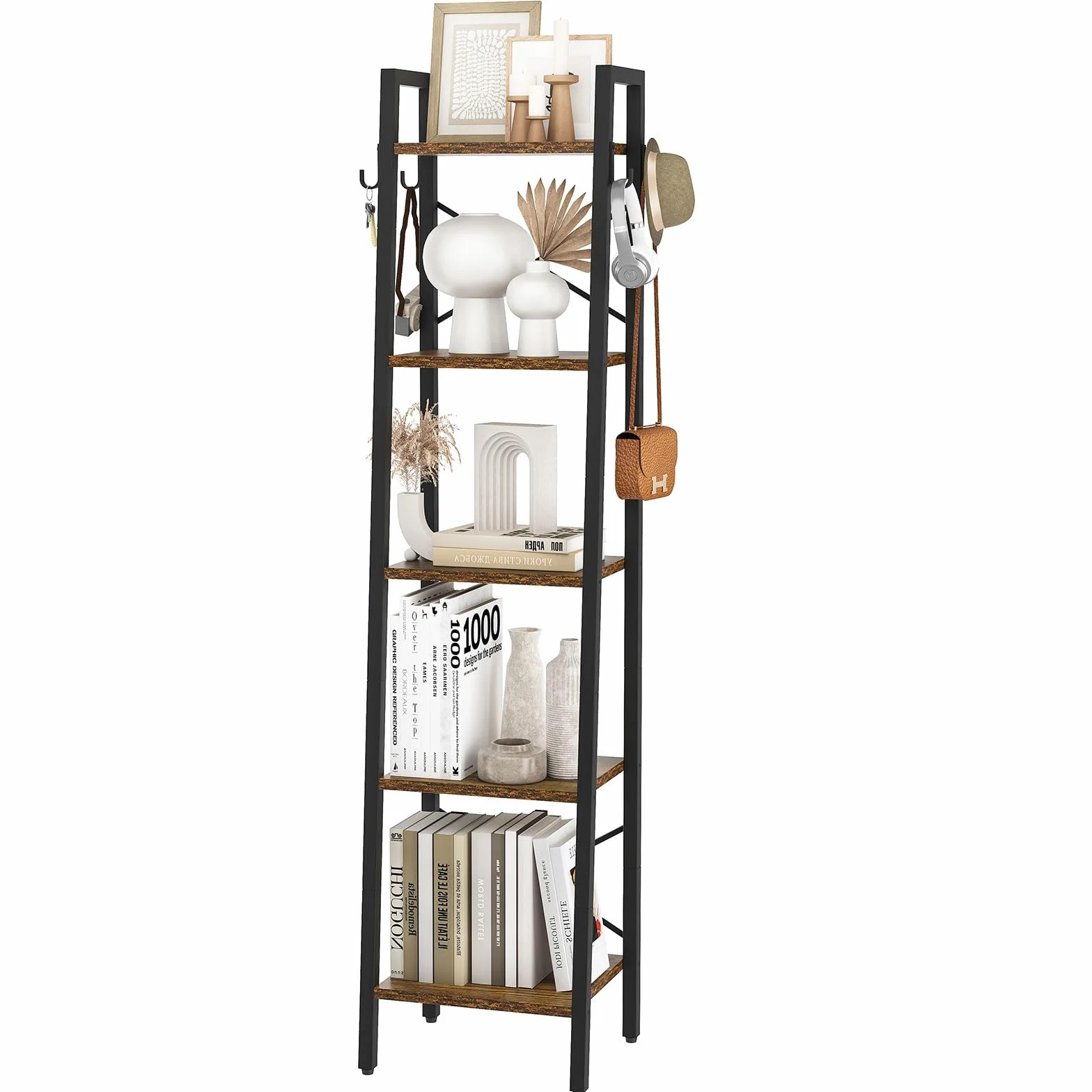 YMYNY 160CM Librería, Estantería de Escalera con 4 Ganchos, Estantería de 5 Niveles, para Salón Dormitorio Cocina Oficina en Casa, Estilo Industrial, Marco de Metálica, Marrón Rústico HBC025H