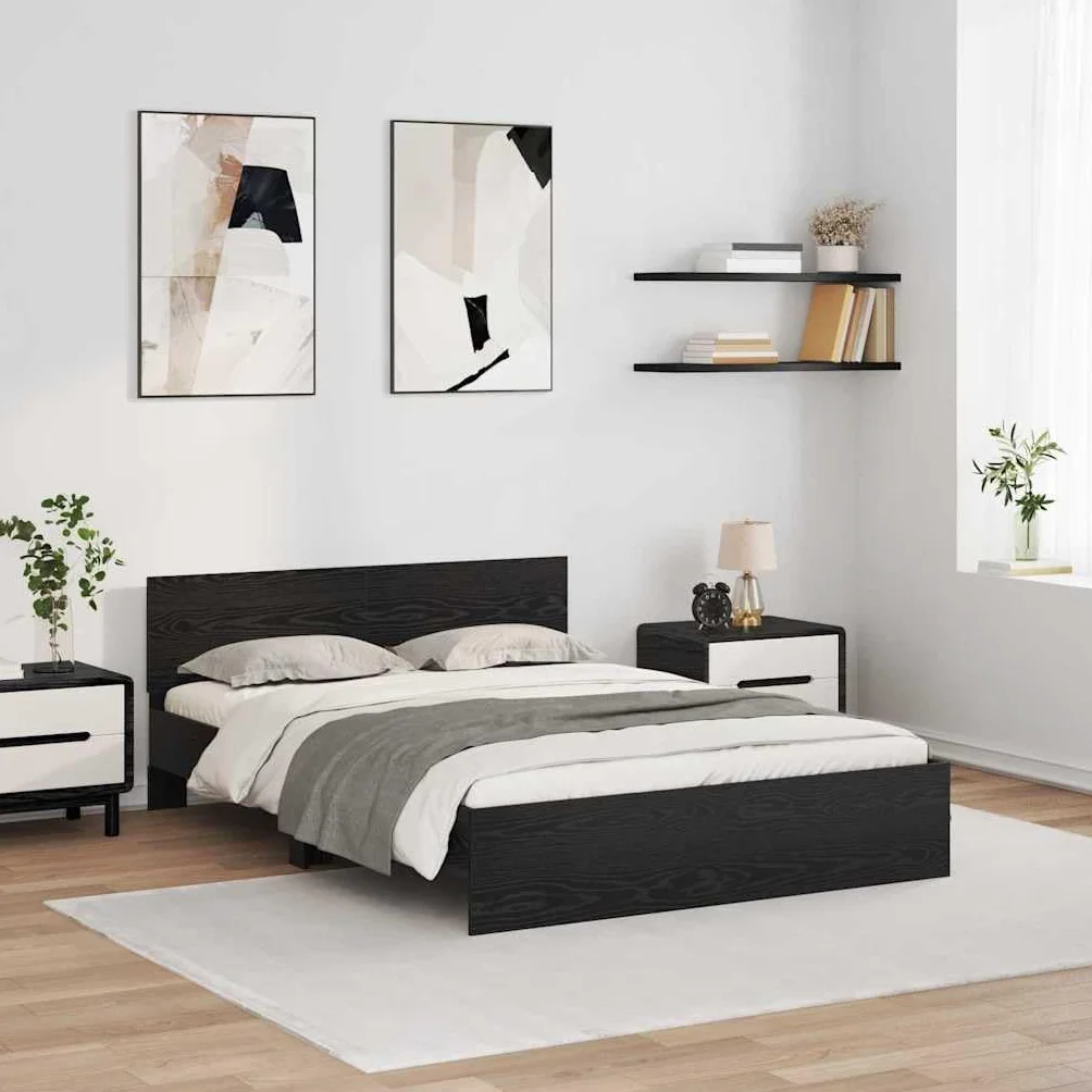 Estructura de cama LED de roble negro, 120 x 190 cm, con luces que cambian de color, diseño moderno y estable de madera para jóvenes y habitaciones de invitados