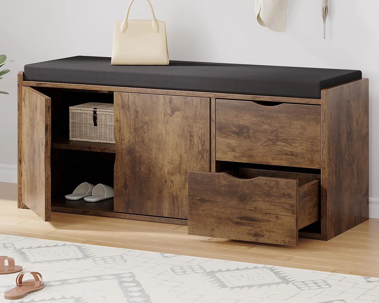 LVB Banco Zapatero con cajón y Asiento Acolchado, Multifuncional para Entrada/salón, 150 kg, 101x45x34 cm, marrón-Negro