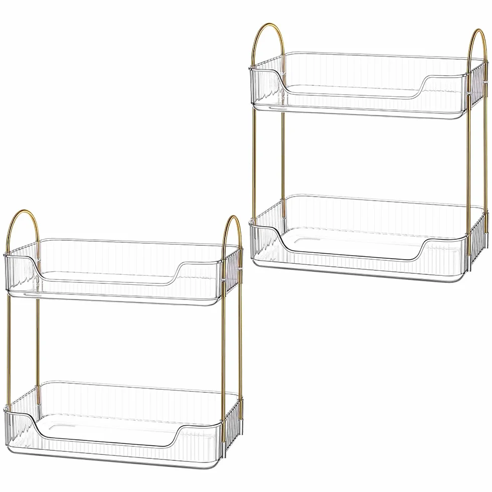 2 juegos de organizadores de maquillaje estrechos de 2 niveles, plástico transparente, doble capa, organizador de baño, soporte para perfume, almacenamiento de cuidado de la piel, estante de
