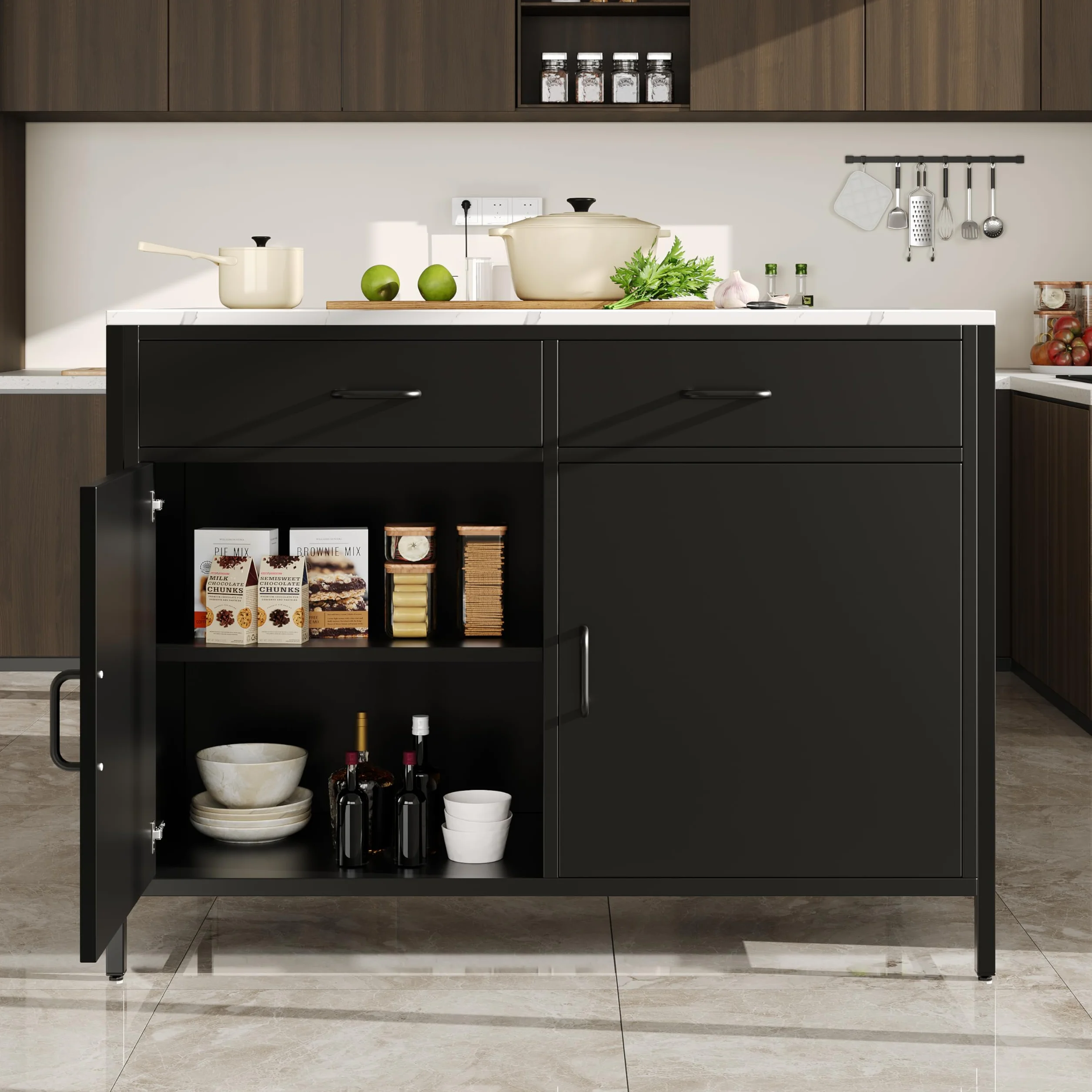 Isla de cocina, armario de cocina con 2 cajones, mesa de desayuno, bar, isla de cocina con estantes, isla de cocina, isla de cocina con encimeras de mármol, 100 x 90 x 90 cm, patas ajustables