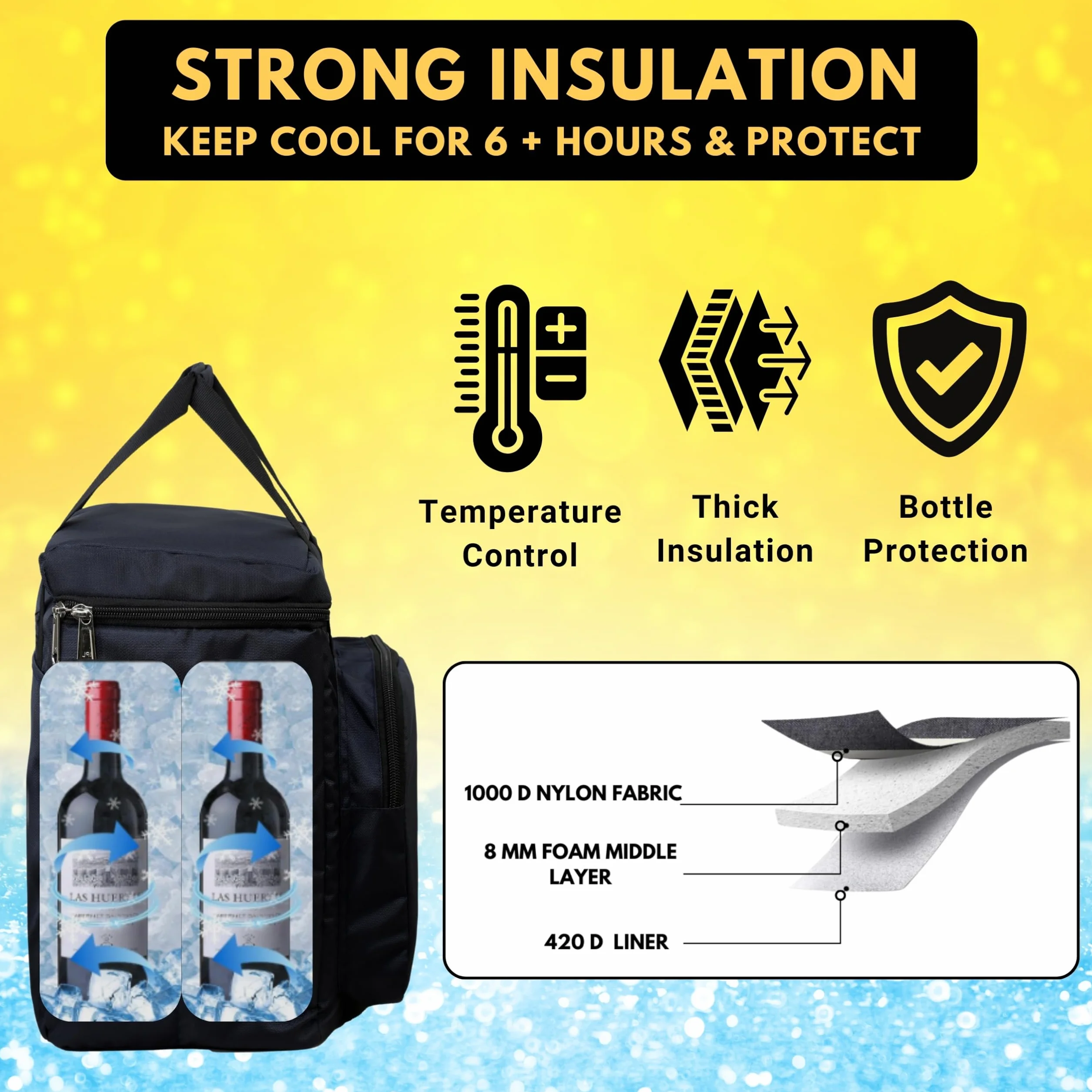 Bolsa térmica aislada para 6 botellas con paquetes de gel de hielo, portador de vino y cerveza, se adapta a 6 botellas de tamaño completo