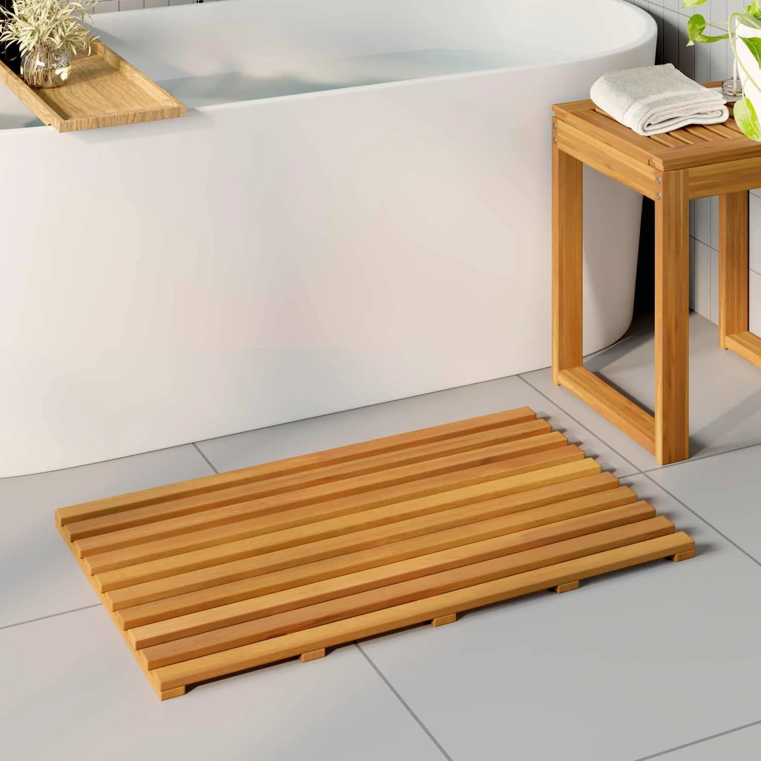 Alfombra de baño de madera marrón lisa, 80 x 48 x 2,5 cm, antideslizante, diseño ventilado, secado rápido y absorbente, versátil alfombrilla de baño para ducha y WC