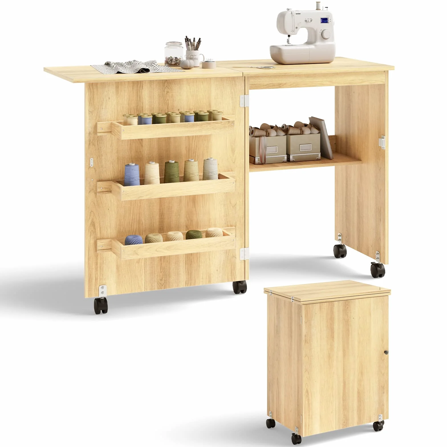 COSTWAY Mesa Maquina de Coser Plegable, 2 en 1 Mueble Maquina Coser con 3 Compartimientos, 1 Estante de Almacenamiento y 5 Ruedas Bloqueables, Mesa de Costura Que Ahorro de Espacio (Natural Claro)