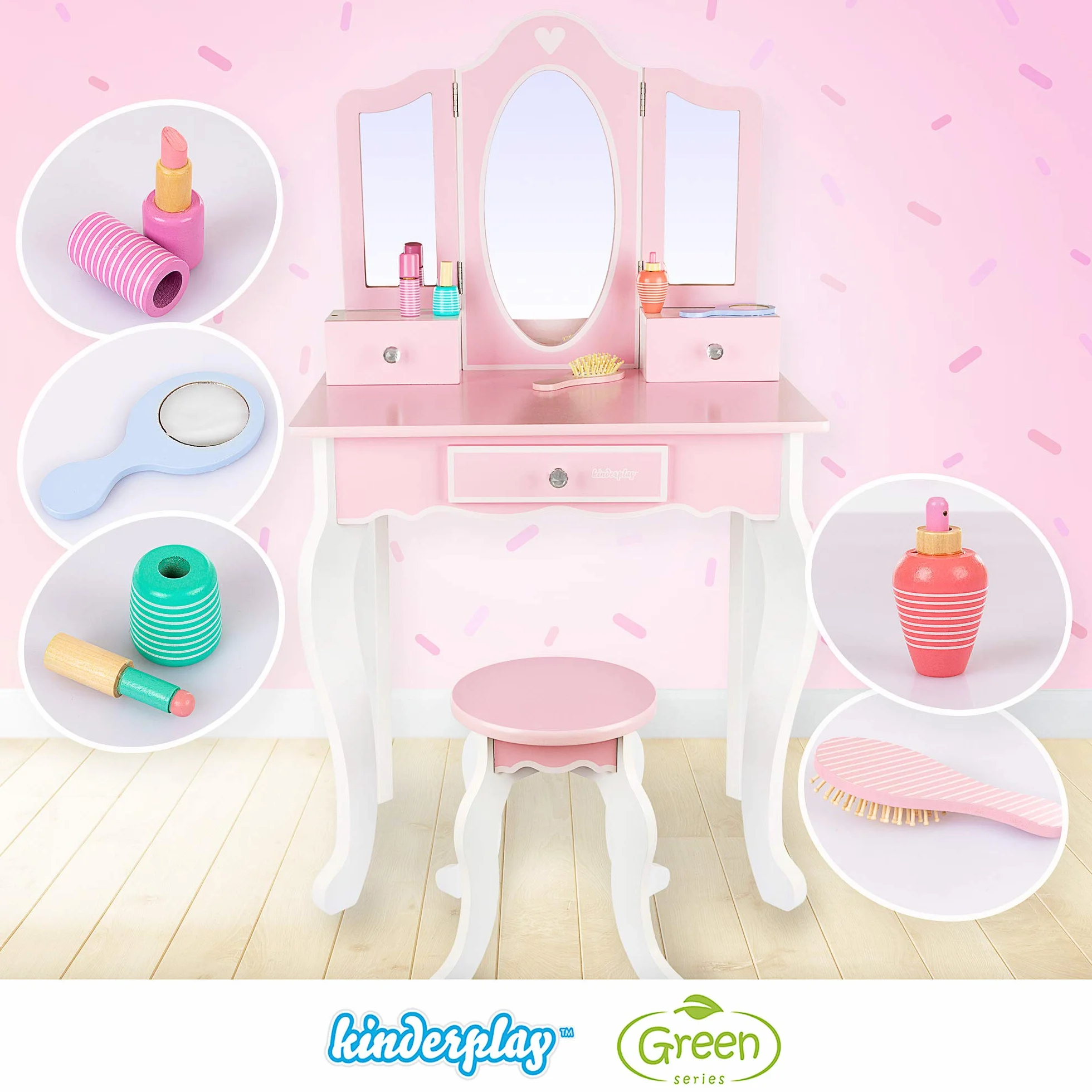 Tocador Infantil de Madera con Espejo y Accesorios Rosa Green Series GS3300