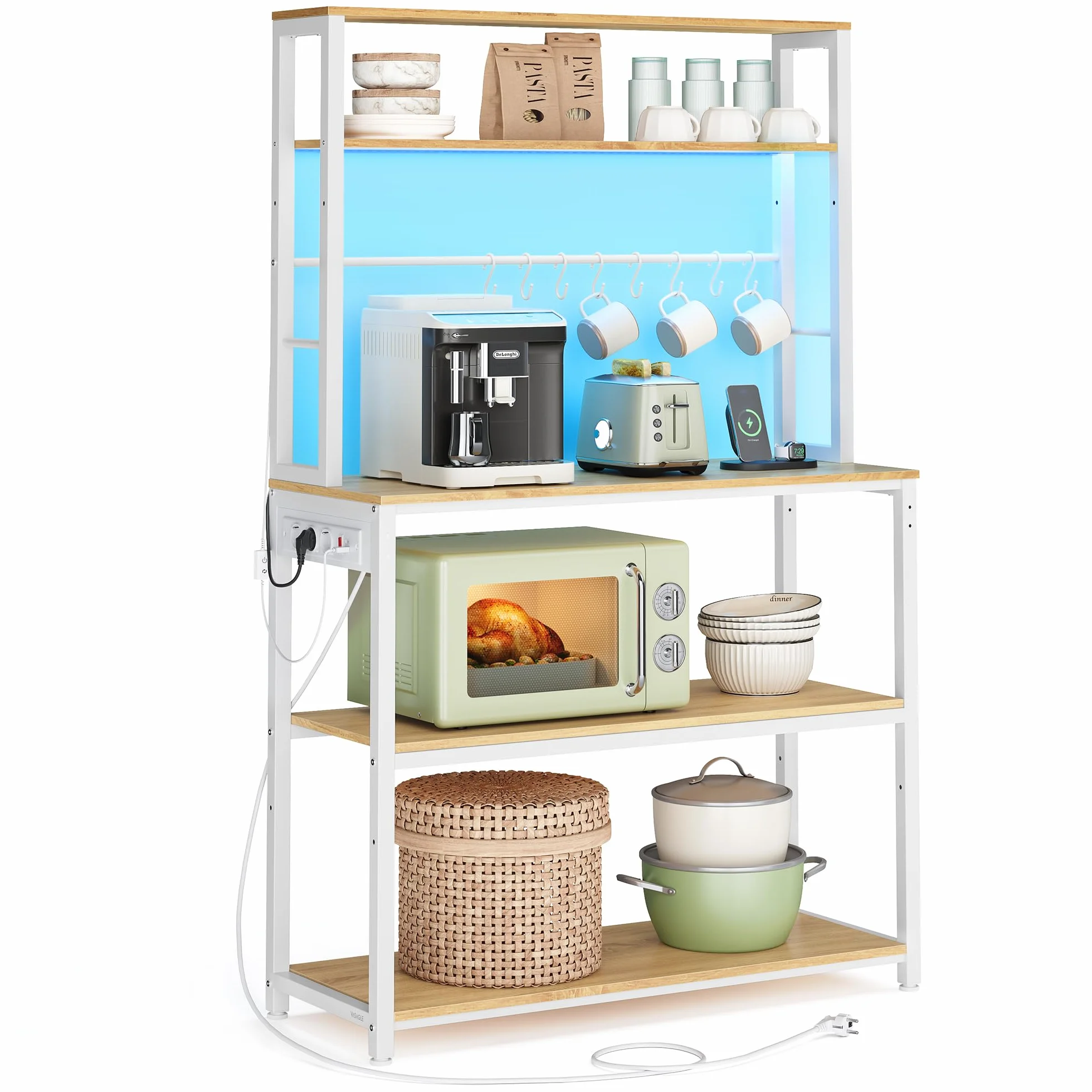 VASAGLE Estantería de Cocina con LED, para Microondas con Regleta, Estantes Ajustables, 8 Ganchos, 40 x 80 x 168,4 cm, Roble Dorado y Blanco Mate KKS050YA01