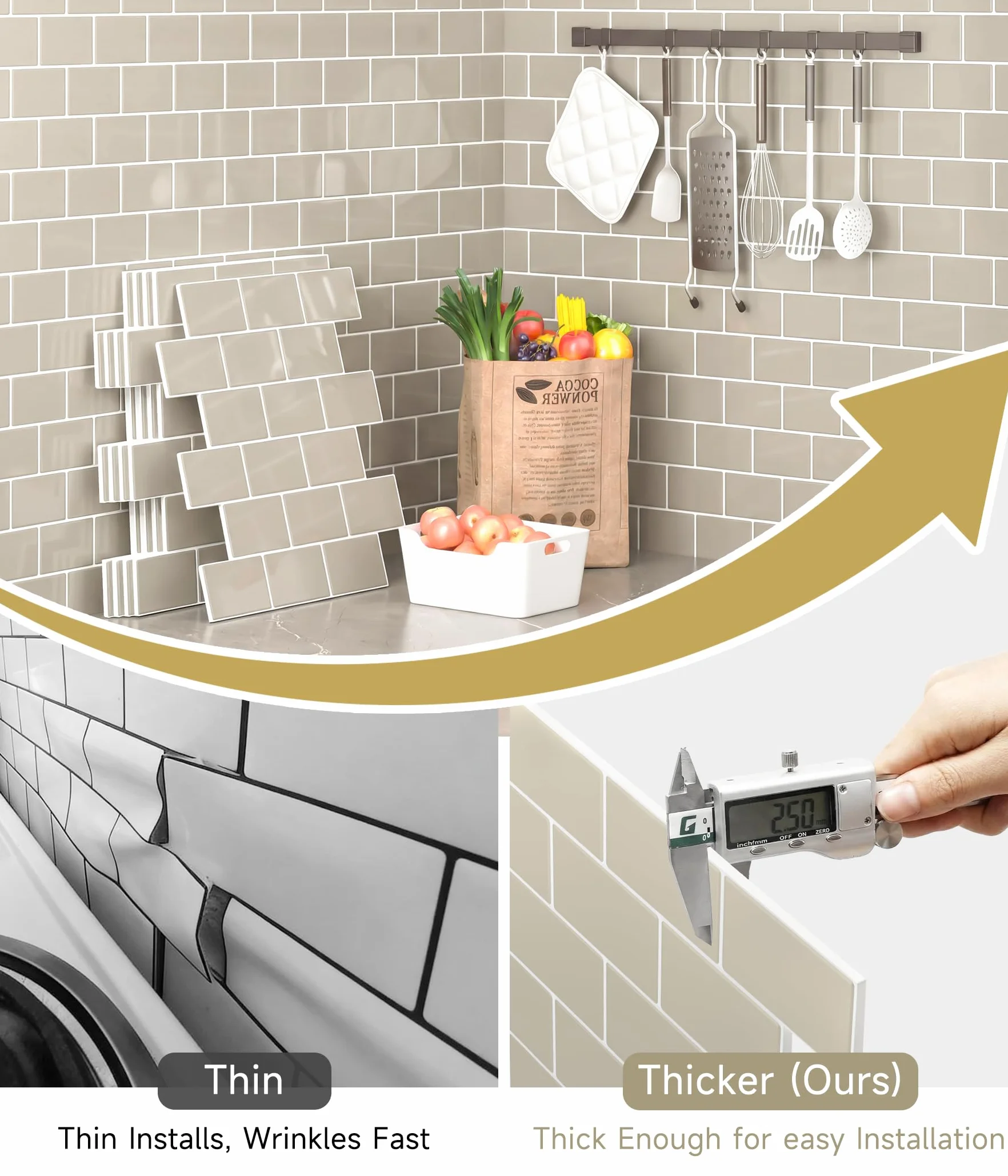 Yoillione Grueso Azulejos Adhesivos Cocina: 10-Piezas Baldosa Vinilo Cocina Pared - 3D Azulejo Metro Adhesivo, 30x30 cm (Beige)