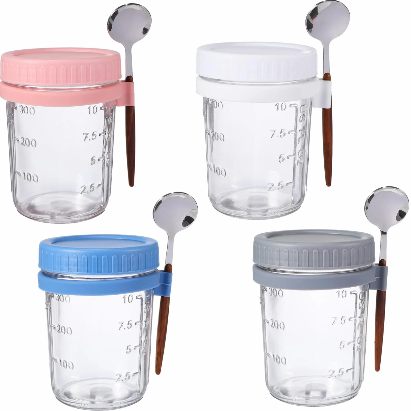 Cabilock Tarros Mason de 400ml con Tapa y Cuchara, 4 Piezas | Vidrio y Silicona, Cierre Hermético a Prueba de Fugas, Uso en Oficina y Dormitorio