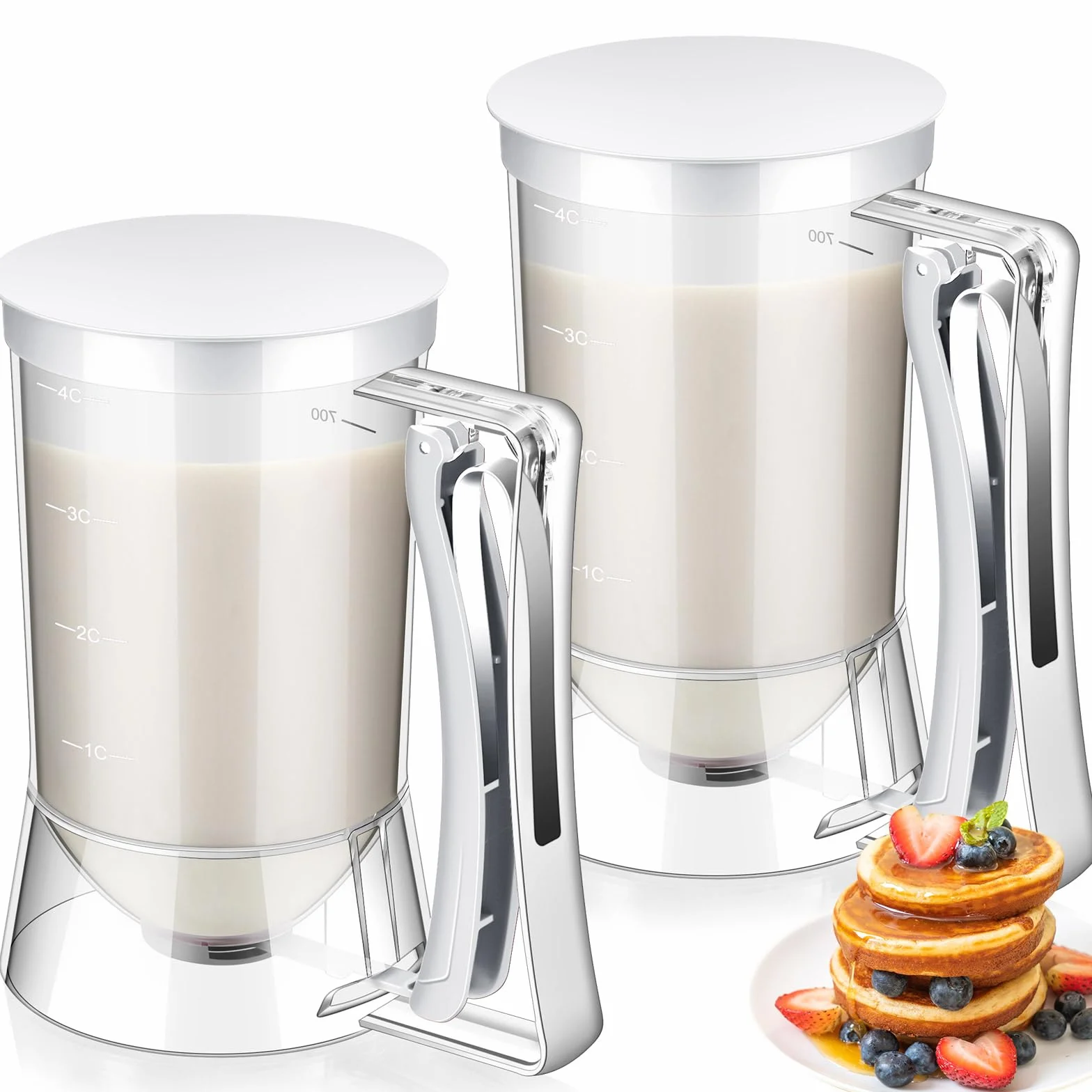 FillTouch 2 dispensadores de masa para panqueques con mango de compresión para parrilla, dispensador de mezcla, panqueques para hornear, cocina, cupcakes, galletas, gofres (blanco)