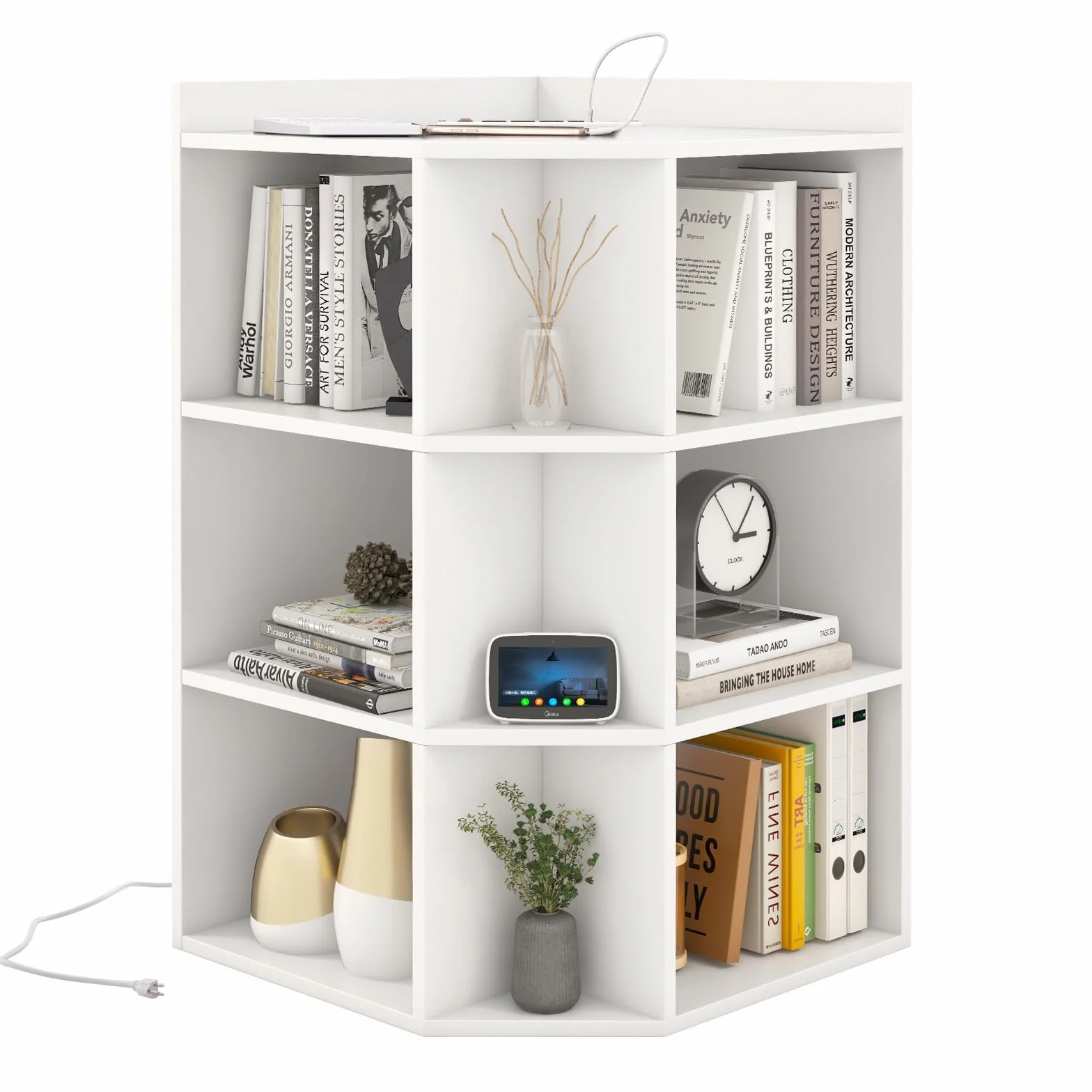 GIANTEX Librería Esquinero de 3 Niveles, Estantería de Almacenamiento con 9 Compartimentos Abiertos, 51 x 71,5 x 86 cm, con Puertos de Carga, Librería Triangular para Salón, Estudio (Blanco)