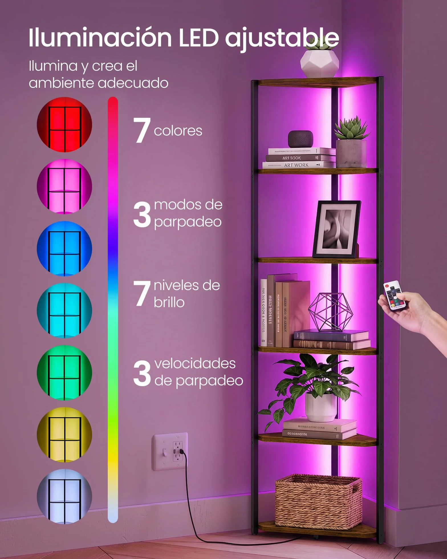 VASAGLE Estanteria Esquinera de 6 Niveles, Librería con Iluminación LED Ajustable, Estantería con Marco de Acero, 24,8 x 48 x 182,1 cm, para Salón, Dormitorio, Estudio, Marrón Rústico LBC591KD01