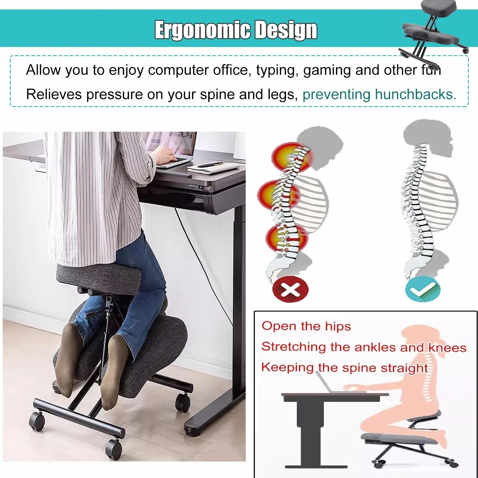 silla ergonomica rodillas Silla taburete ergonómica con ángulo de inclinación ajustable, silla de oficina en cuclillas y rodillas con ruedas, silla con piernas cruzadas para fanáticos de la meditación