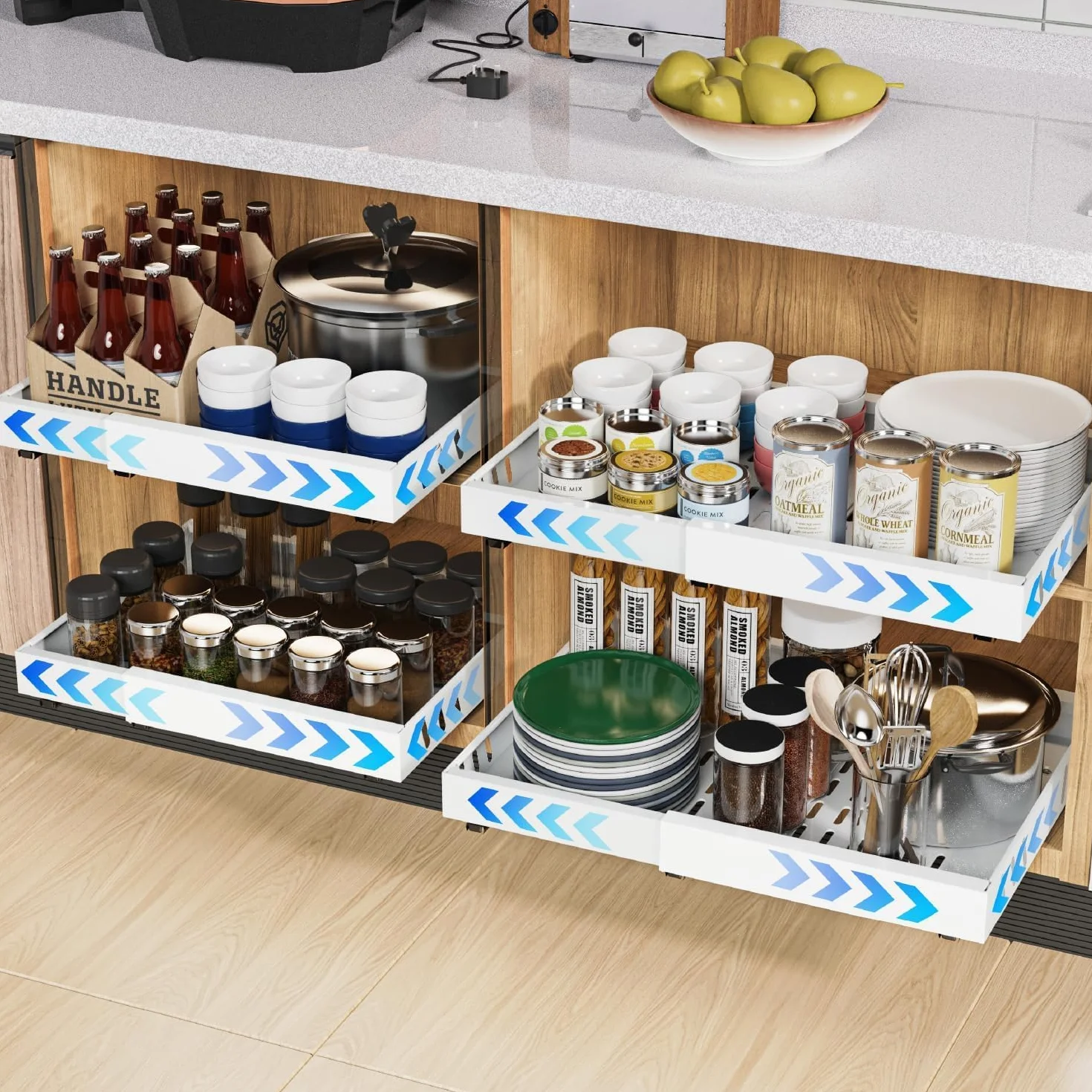 iHomara Paquete de 2 organizadores adhesivos extraíbles para armarios de cocina, cajones deslizables y estantes para la despensa, ancho ajustable de 32 a 53 cm