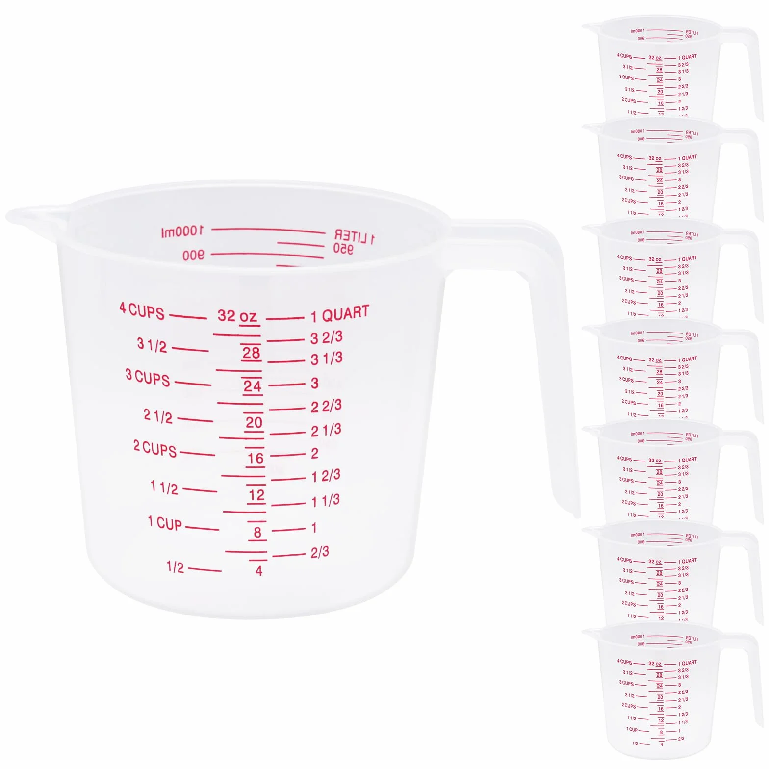 8 tazas medidoras de plástico con capacidad para 4 tazas, 32 onzas/1000 ml, tazas medidoras graduadas transparentes con boquilla y asas, marca de taza de onzas y ml para ingredientes de recetas,